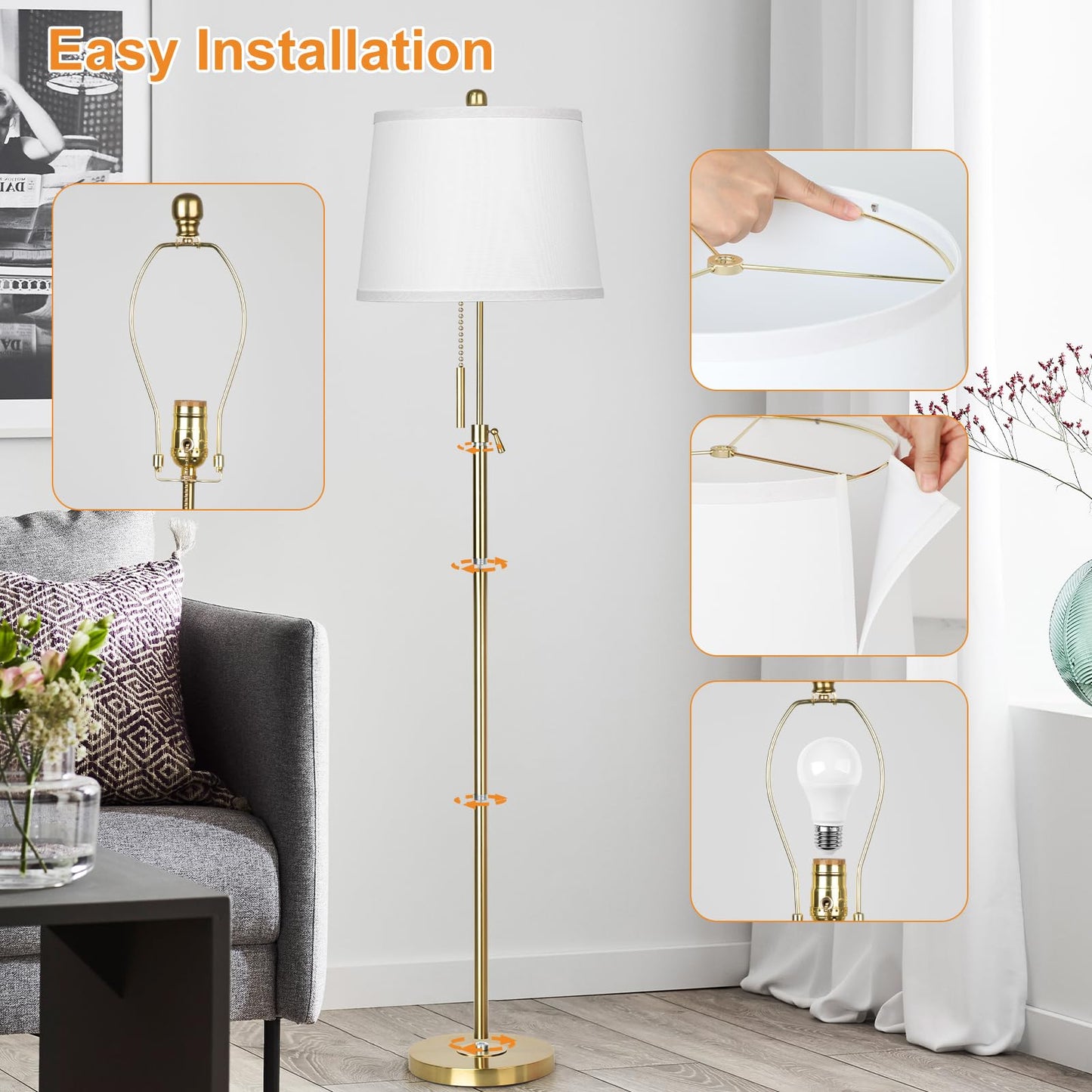 Floor Lamp for Living Room,Adjustable Height Standing Lamp,Dimmable Modern Floor Lamps for Bedroom Office Tall Floor Lights with Pull Chain Bulb Included-Silver Gray Shade