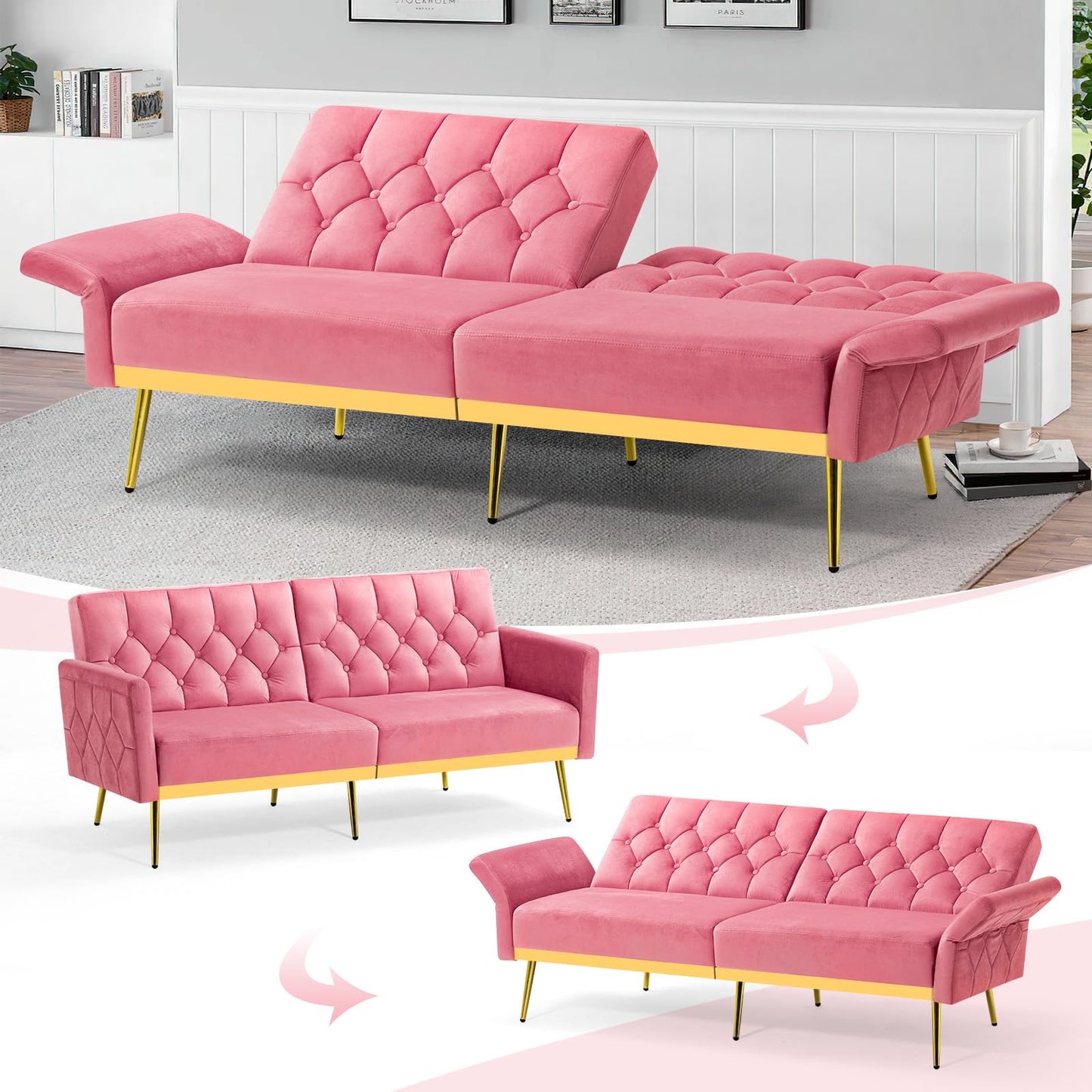 Velvet Sofa Bed w/Adjustable Armrests and Backrests, Modern Convertible Sleeper Sofa, Tufted Futon Sofa for Bedroom, Living Room, Apartment, Orange
