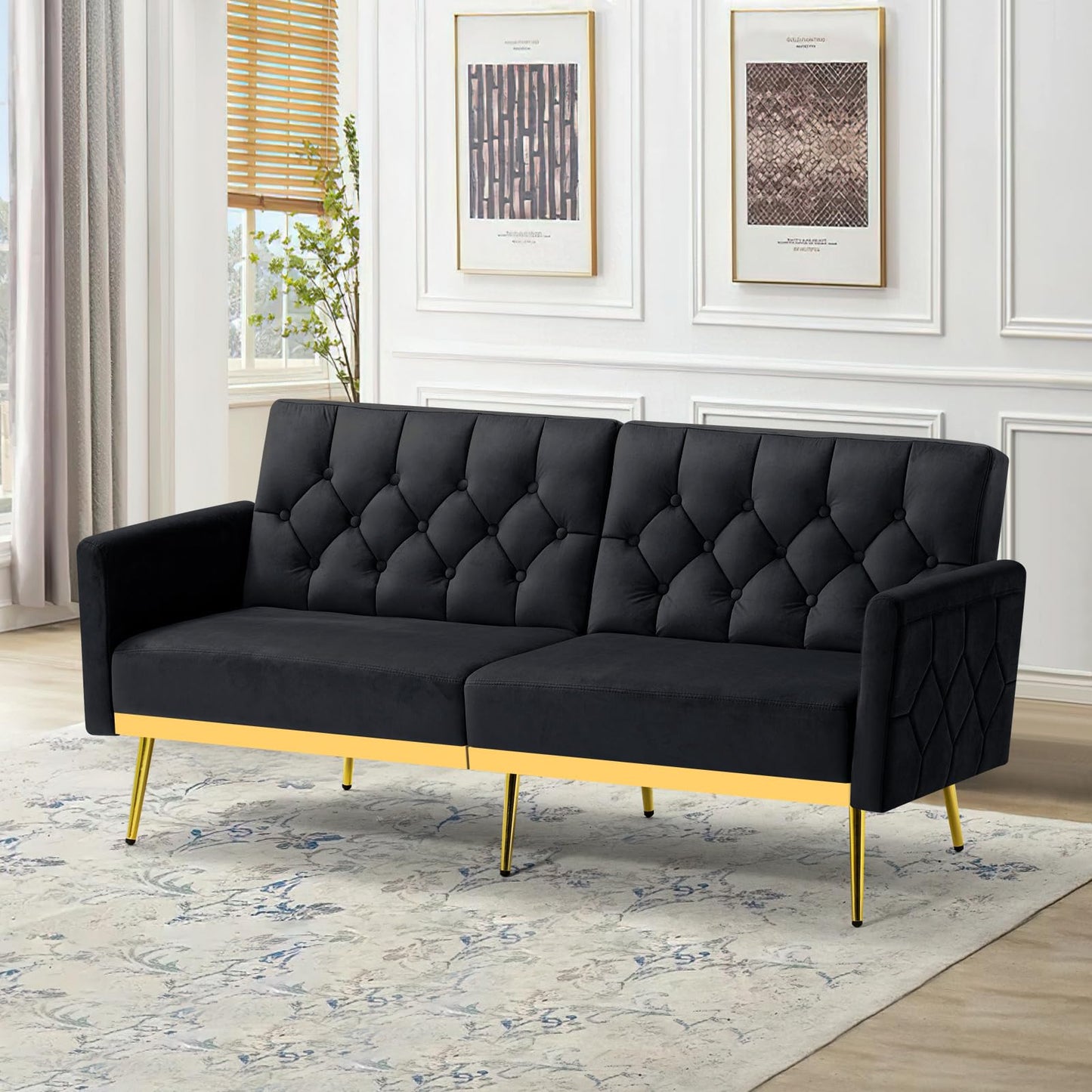 Velvet Sofa Bed w/Adjustable Armrests and Backrests, Modern Convertible Sleeper Sofa, Tufted Futon Sofa for Bedroom, Living Room, Apartment, Orange