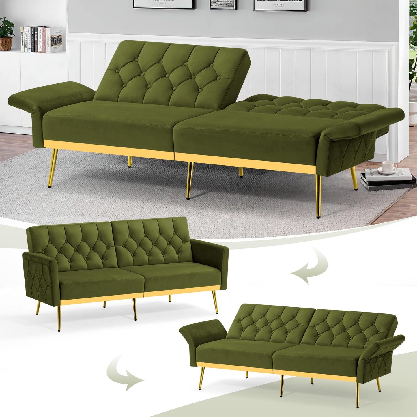 Velvet Sofa Bed w/Adjustable Armrests and Backrests, Modern Convertible Sleeper Sofa, Tufted Futon Sofa for Bedroom, Living Room, Apartment, Orange
