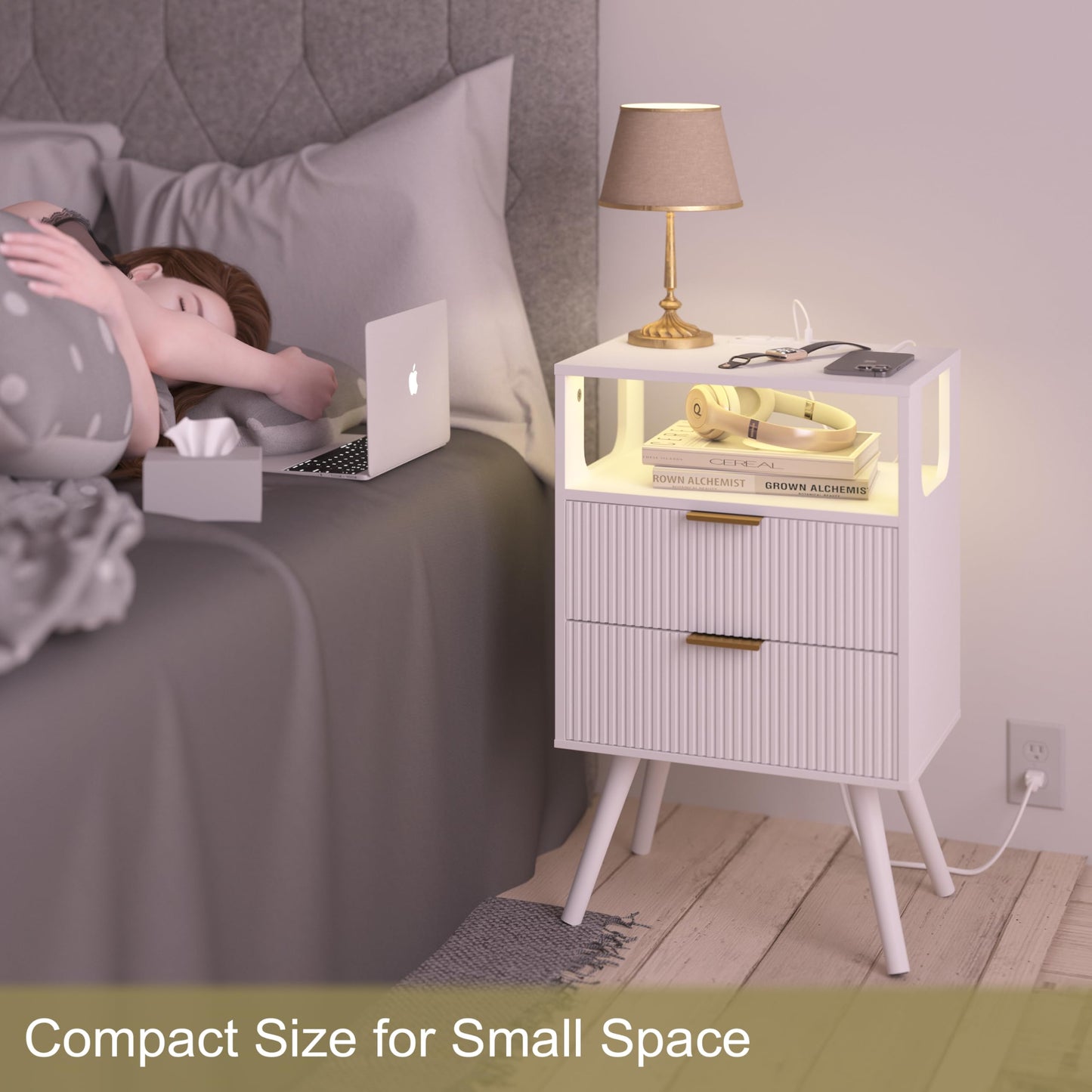 Nightstand with Charging Station and LED Lights,Modern Bedside Table with 2 Storage Drawer and Open Wood Shelf, for Bedroom and Small Spaces,Night Stand with Solid Wood Legs,GreyOak