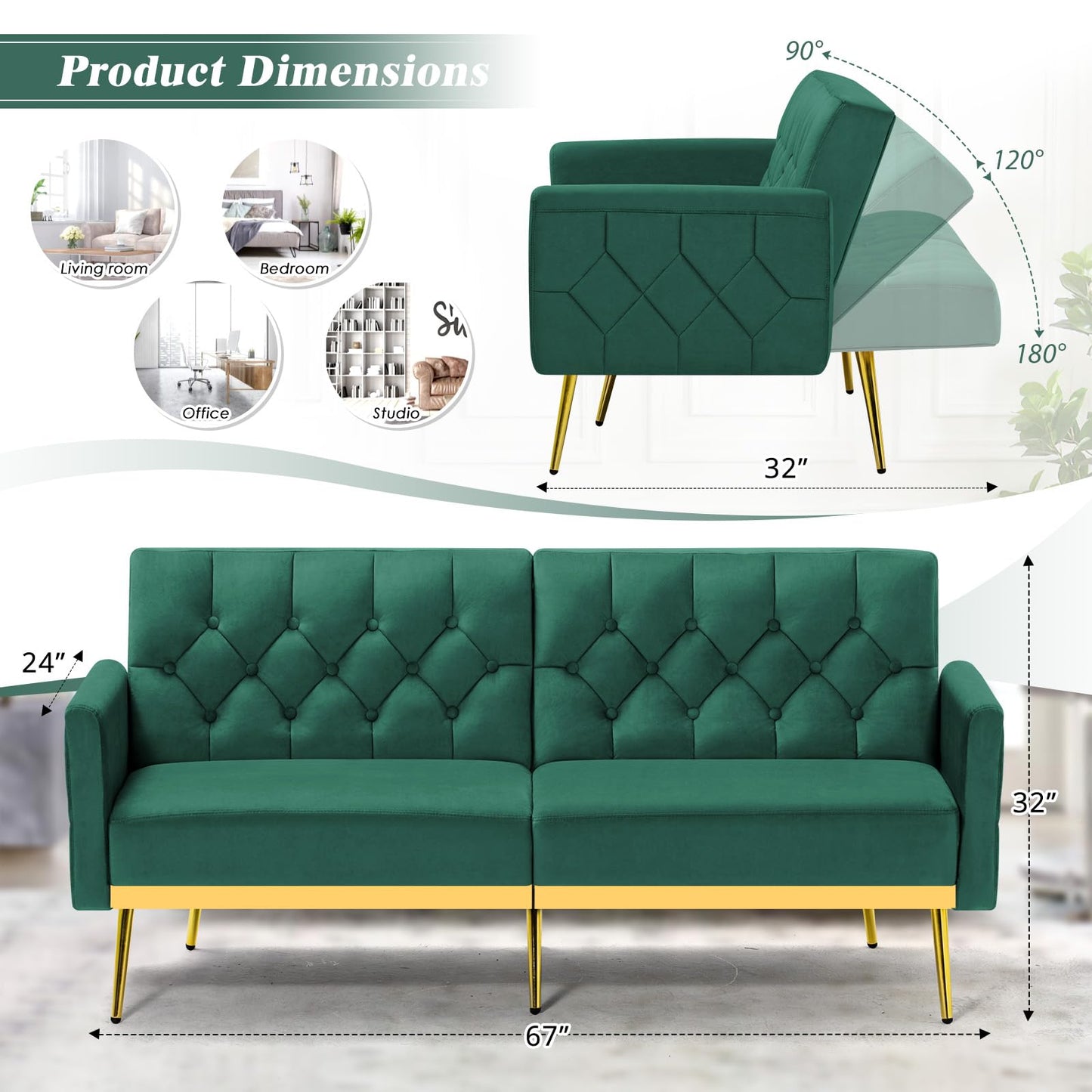 Velvet Sofa Bed w/Adjustable Armrests and Backrests, Modern Convertible Sleeper Sofa, Tufted Futon Sofa for Bedroom, Living Room, Apartment, Orange