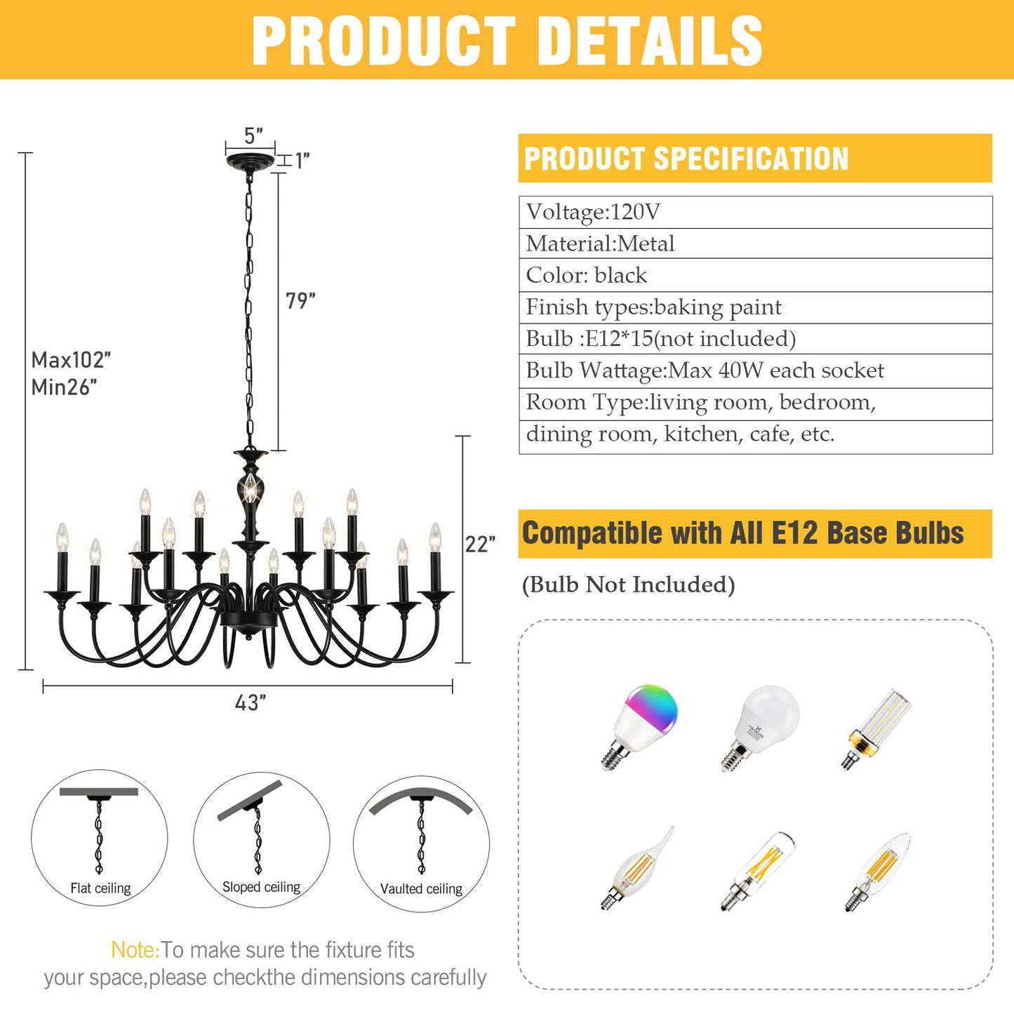 15 Light Black Farmhouse Chandeliers for Dining Room Light Fixtures Over Table, Vintage Candle Large Chandelier for Living Room Foyer Staircase Restaurant Showroom Villa