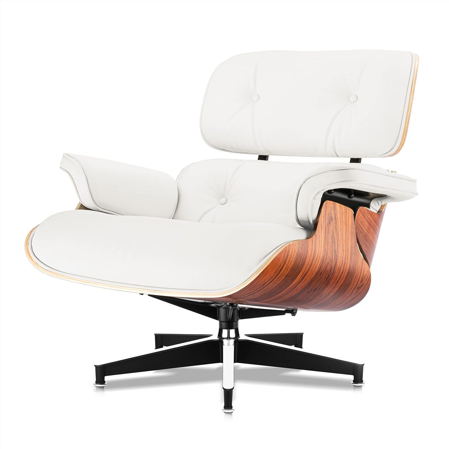 Top Black Grain Leather, Mid Century Chaise Lounge Chair and Ottoman, Modern Chair Classic Design, Walnut Wood, Heavy Duty Base Support for Living Room Office