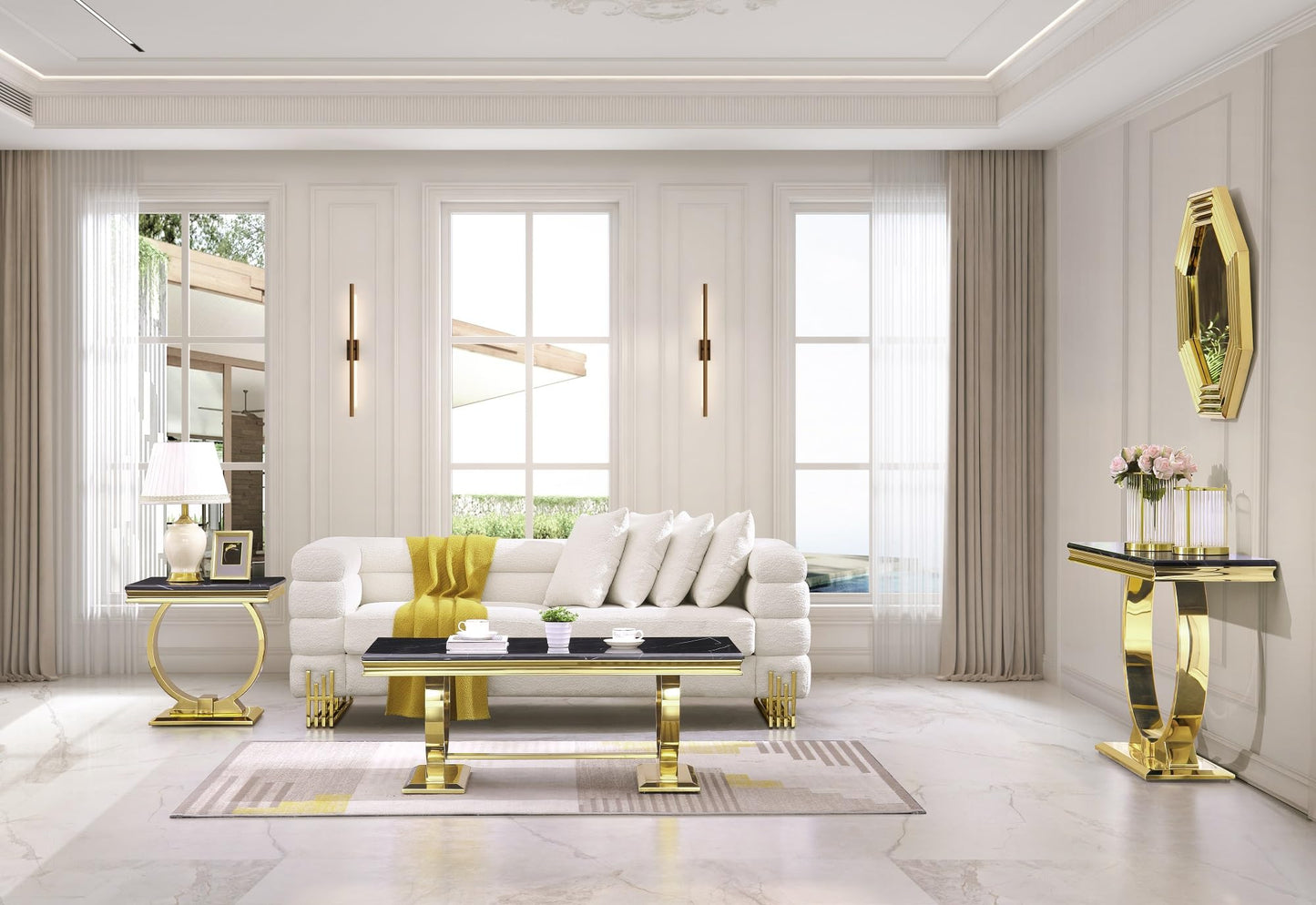 Asday Gold and White Coffee Table, Rectangle Marble Living Room Tea Table, Elegant Coffee Table for Living Room, Guest Hall, Reception Room