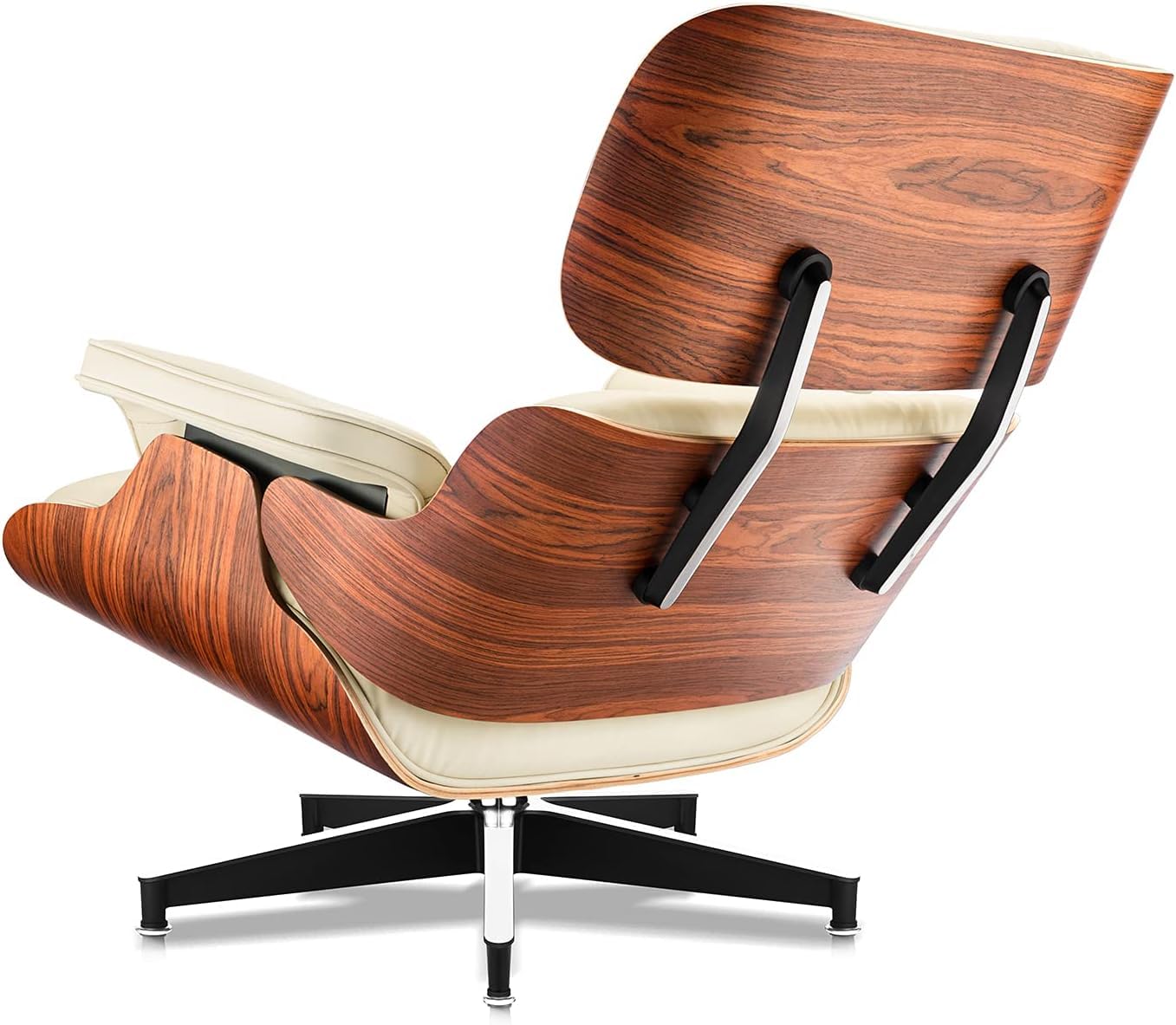 Top Black Grain Leather, Mid Century Chaise Lounge Chair and Ottoman, Modern Chair Classic Design, Walnut Wood, Heavy Duty Base Support for Living Room Office