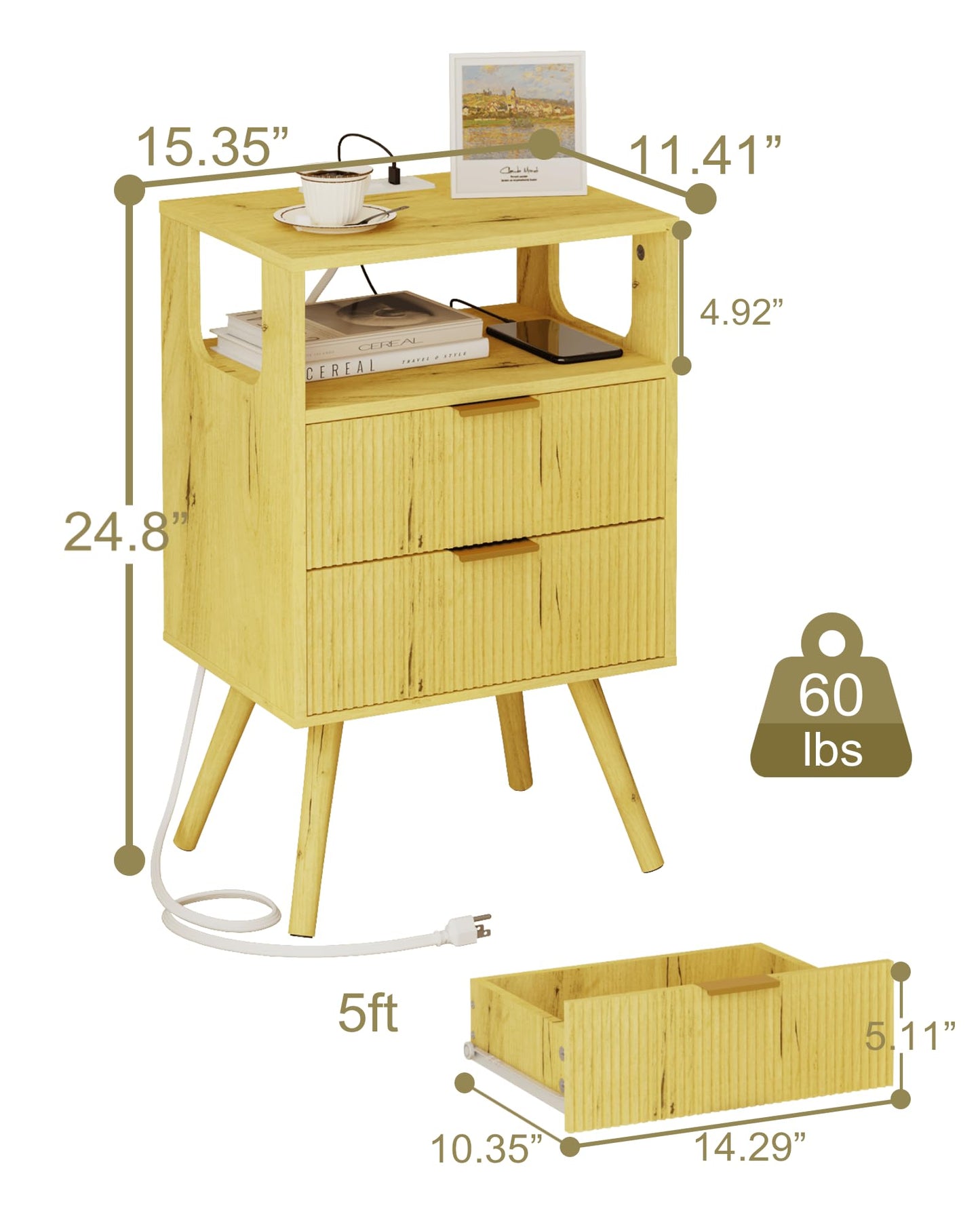 Nightstand with Charging Station and LED Lights,Modern Bedside Table with 2 Storage Drawer and Open Wood Shelf, for Bedroom and Small Spaces,Night Stand with Solid Wood Legs,GreyOak