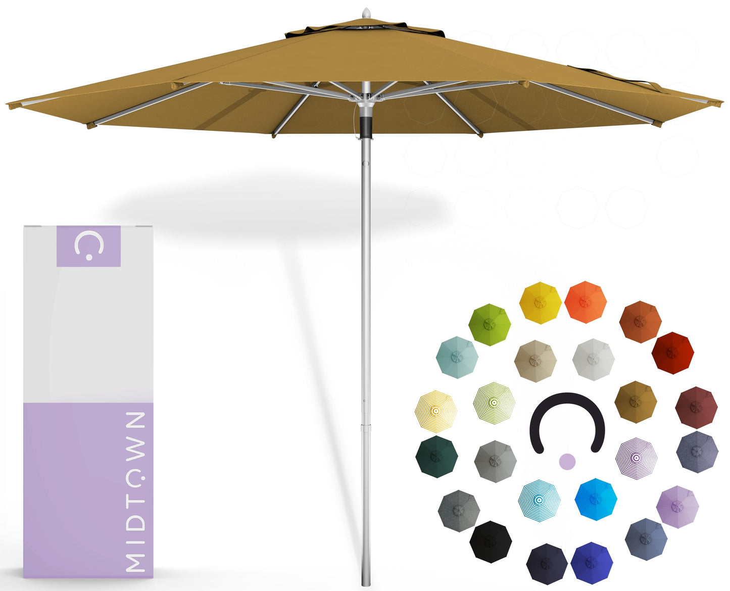 Midtown Umbrellas Push and Pop 9 Feet Outdoor Umbrella With Terylast Black/White Stripes Polyester Fabric - Fiberglass Ribs Deck Patio, Backyard, Garden & Pool - Silver Pole