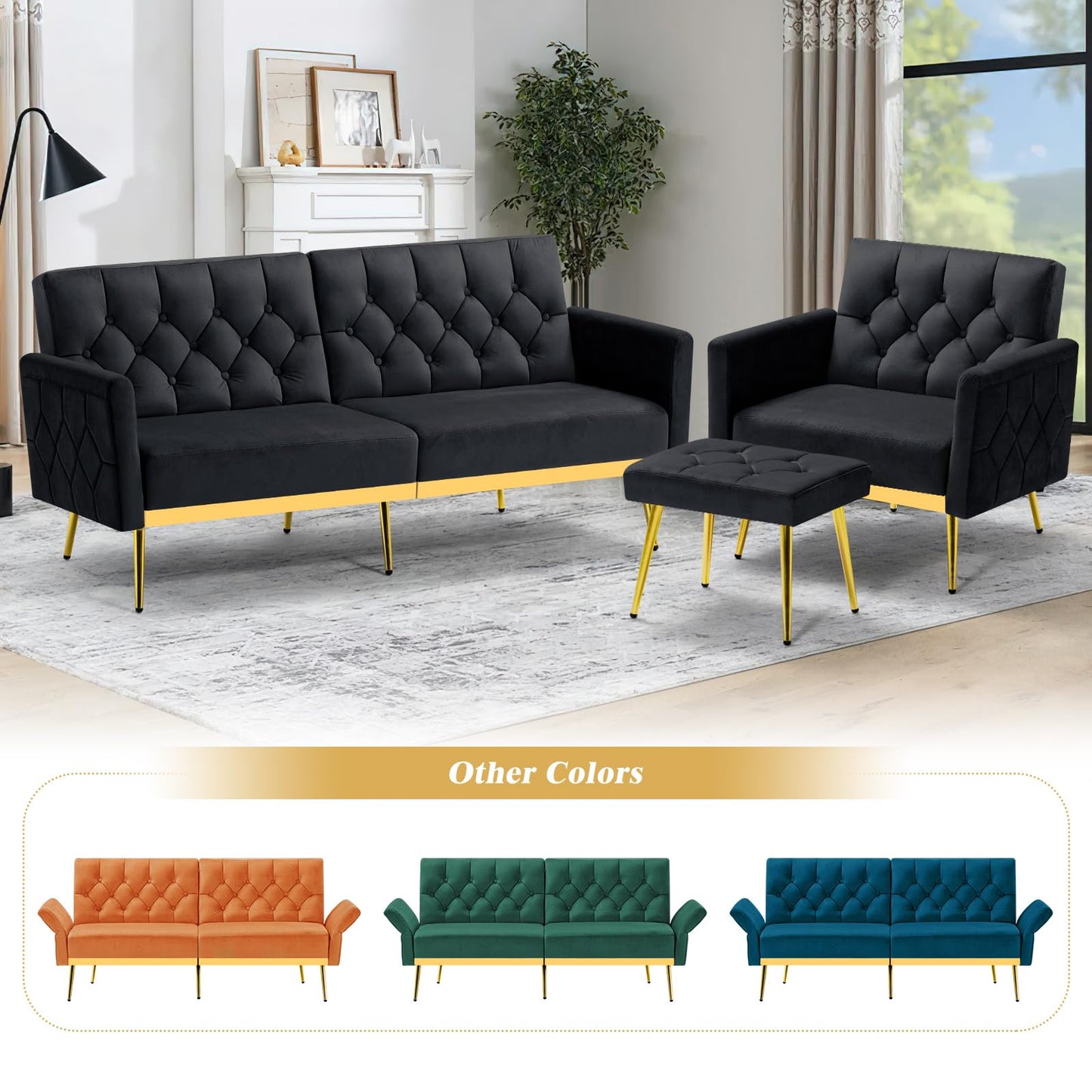 Velvet Sofa Bed w/Adjustable Armrests and Backrests, Modern Convertible Sleeper Sofa, Tufted Futon Sofa for Bedroom, Living Room, Apartment, Orange