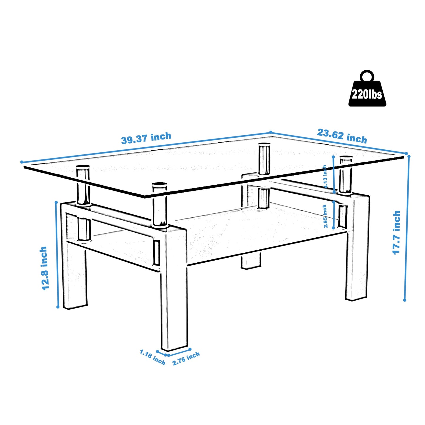 Meihua Tempered Glass Coffee Table for Living Room, Clear Center Table with 0.47 inch Tempered Glass, Transparent Modern Coffee Table