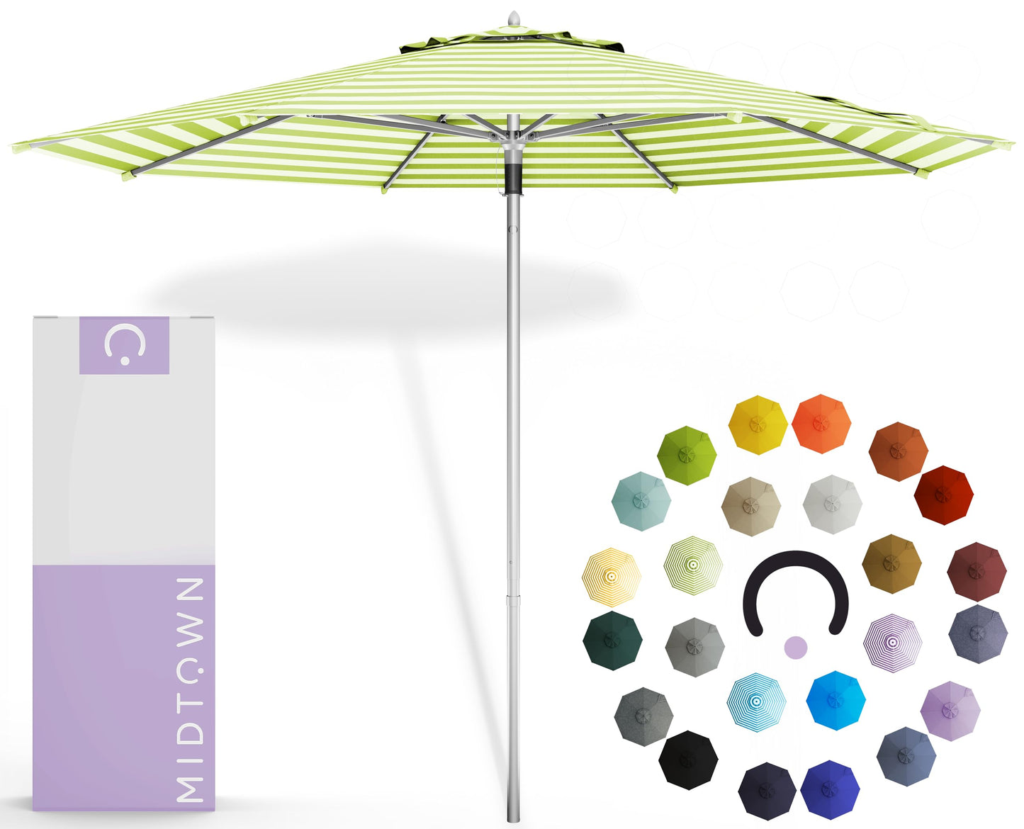 Midtown Umbrellas Push and Pop 9 Feet Outdoor Umbrella With Terylast Black/White Stripes Polyester Fabric - Fiberglass Ribs Deck Patio, Backyard, Garden & Pool - Silver Pole