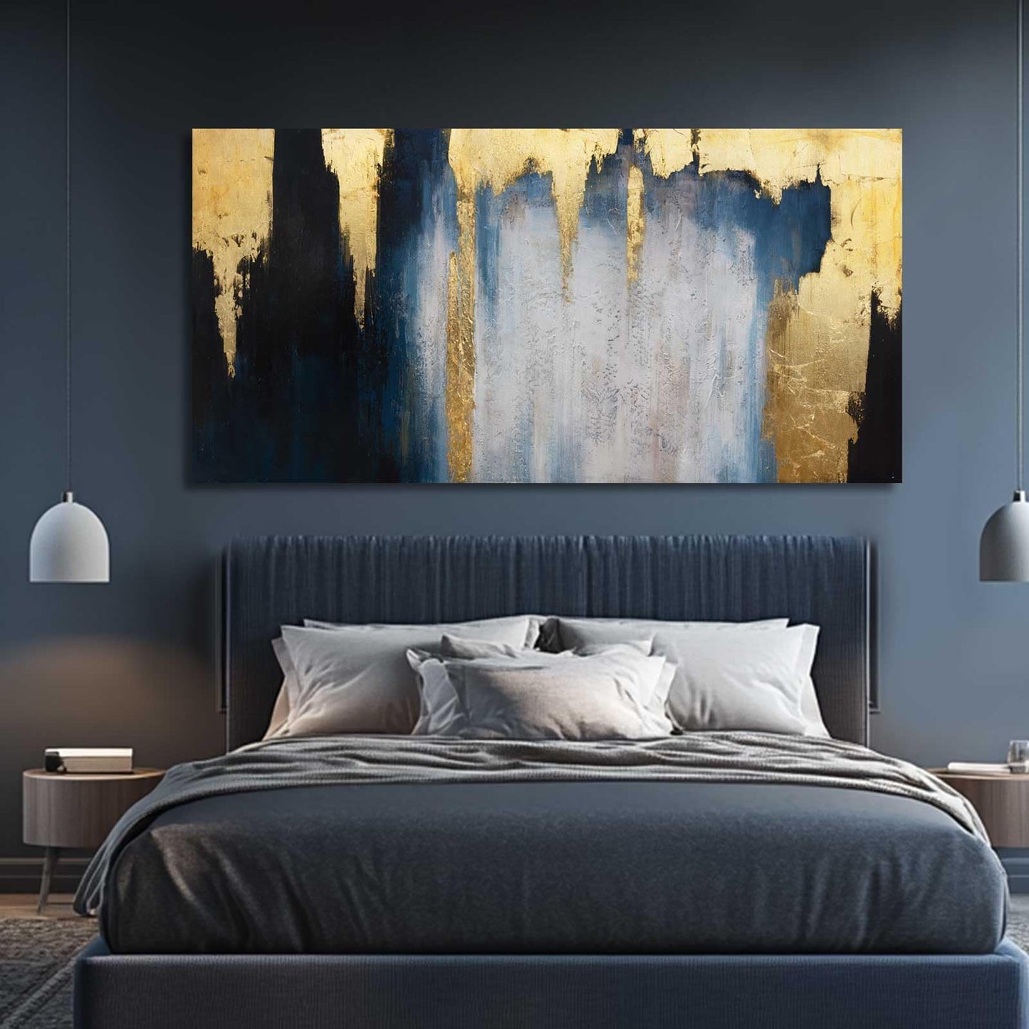 MLART99 Blue and White Abstract Wall Art Grunge Posters Gold Painting for Home Office 29"x 58" Gallery Wall Prints Large Size Artwork for Walls