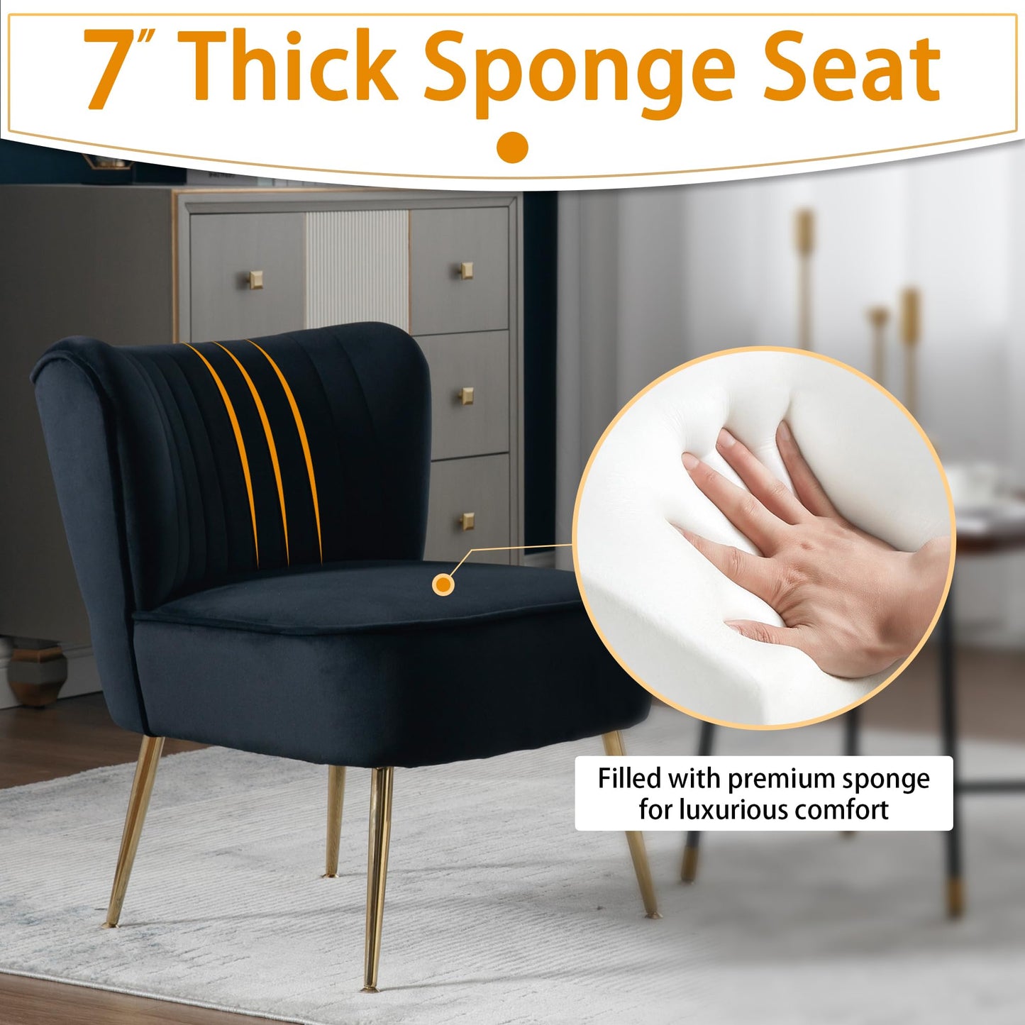 ABET Accent Chairs Set of 2, Velvet Armless Living Room Chairs with Tufted Wingback Thicken Cushion Gold Metal Legs, Comfy Upholstered Side Chairs Slipper Chairs Club Chairs for Bedroom, Beige