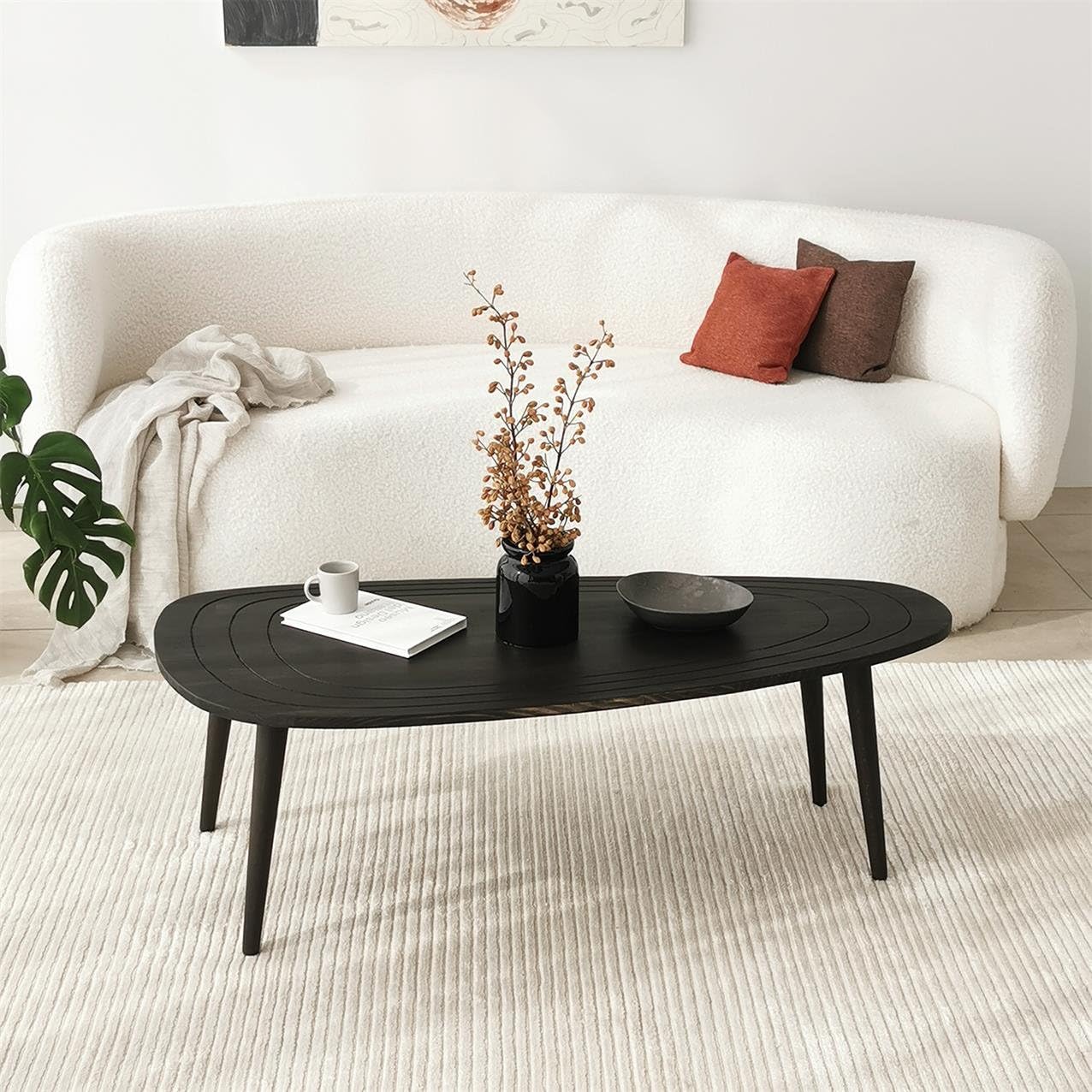 Solid Wood Oval Coffee Table, Engraved Wooden Center Table, Modern Surfboard Table, Mid Century Aesthetic Low Coffee Table, Vintage Living Room Furniture (Walnut)