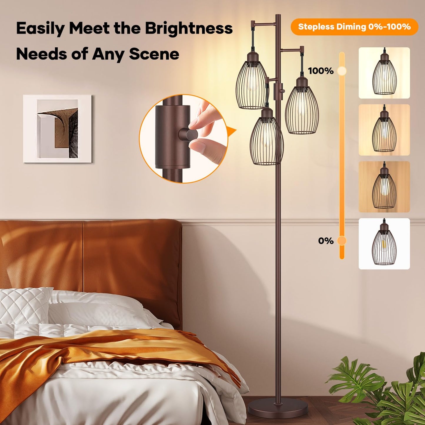 Dimmable Floor Lamp, 3 x 800LM LED Edison Bulbs Included, Farmhouse Industrial Floor Lamp Standing Tree Lamp with Elegant Teardrop Cage Tall Lamps for Living Room Bedroom Office Dining Room-Black