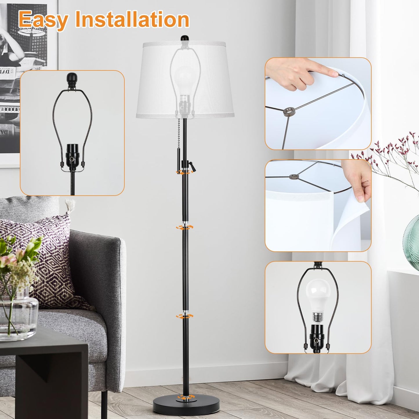 Floor Lamp for Living Room,Adjustable Height Standing Lamp,Dimmable Modern Floor Lamps for Bedroom Office Tall Floor Lights with Pull Chain Bulb Included-Silver Gray Shade