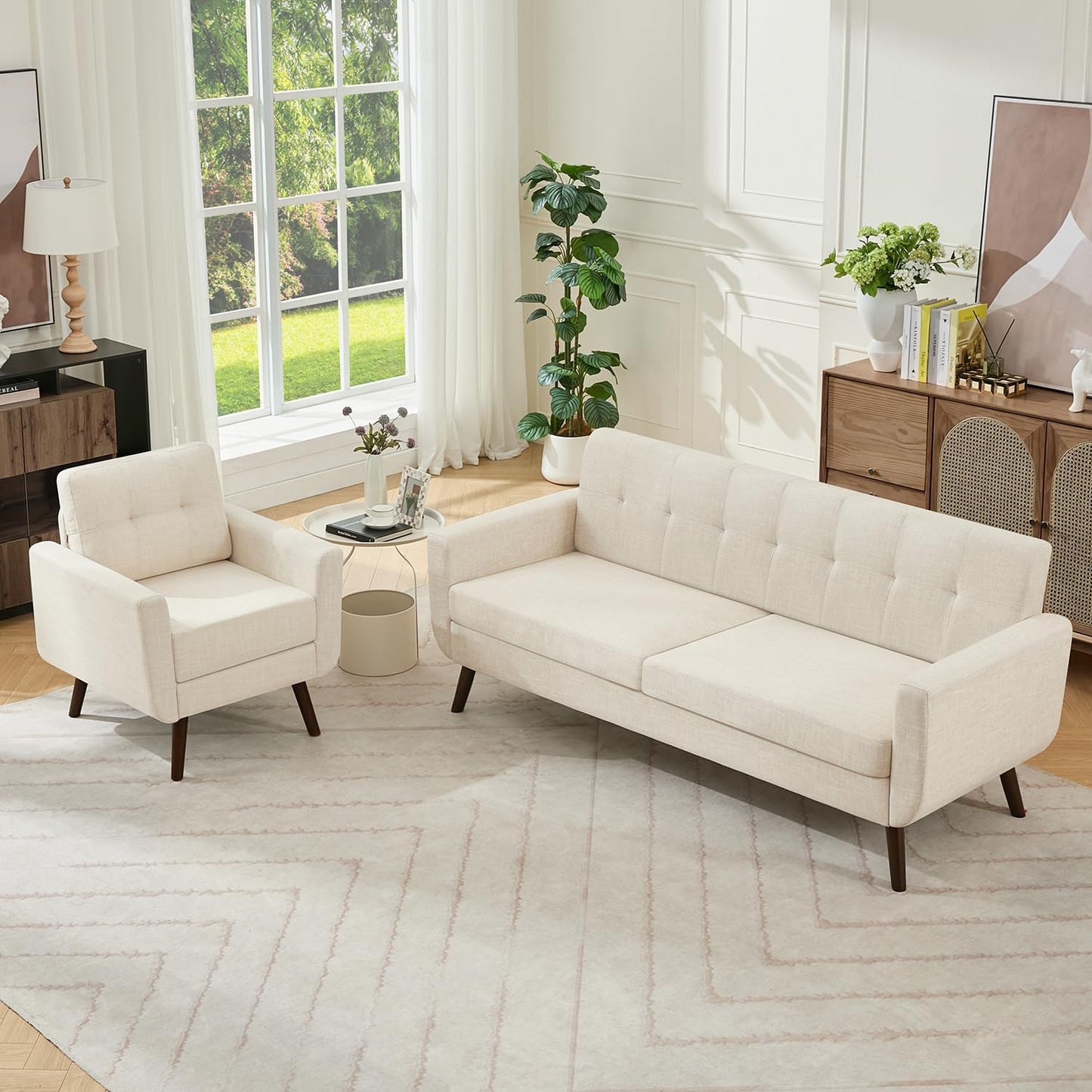 Tbfit 65" W Loveseat Sofa, Mid Century Modern Love Seat Couches for Living Room, Button Tufted Upholstered Small Couch for Bedroom, Solid and Easy to Install Love Seats Furniture, Grey