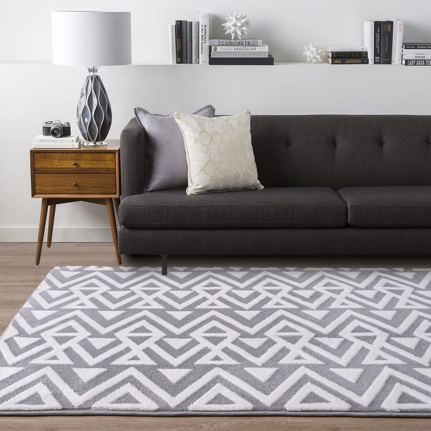 Ompaa Ultra Soft Geometric Bedroom Rugs Memory Foam Carpet, Black 7 x 10 Feet Large, Cozy Area Rugs for Living Room Couch Dorm Bedside Kids Girls Teens Room Nursery Decor Floor Mat