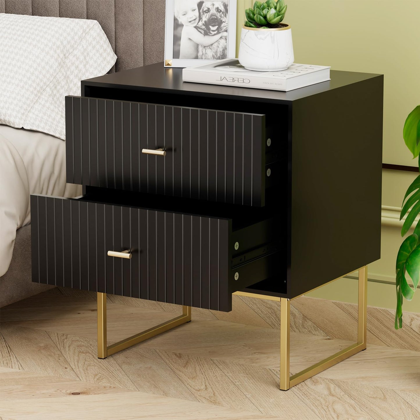 UEV Navy Blue Nightstand Set of 2,Modern Grooved Stripes Bed Side Table with 2 Drawers,Wood End Table with Golden Metal Handles and Pedestal Frame for Bedroom Living Room