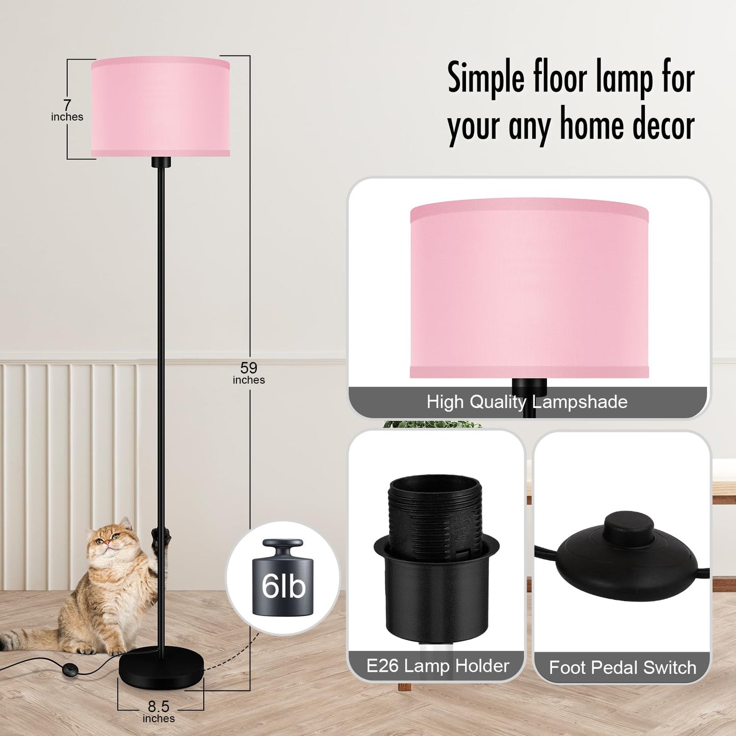 Floor Lamp Black, Standing Lamp, 58" Tall Lamps for Living Room, Simple Pole Lamp with Black Lampshade, On/Off Foot Pedal, Bright Dimming Light for Kids Room Bedroom Office Decor(Without Bulbs)