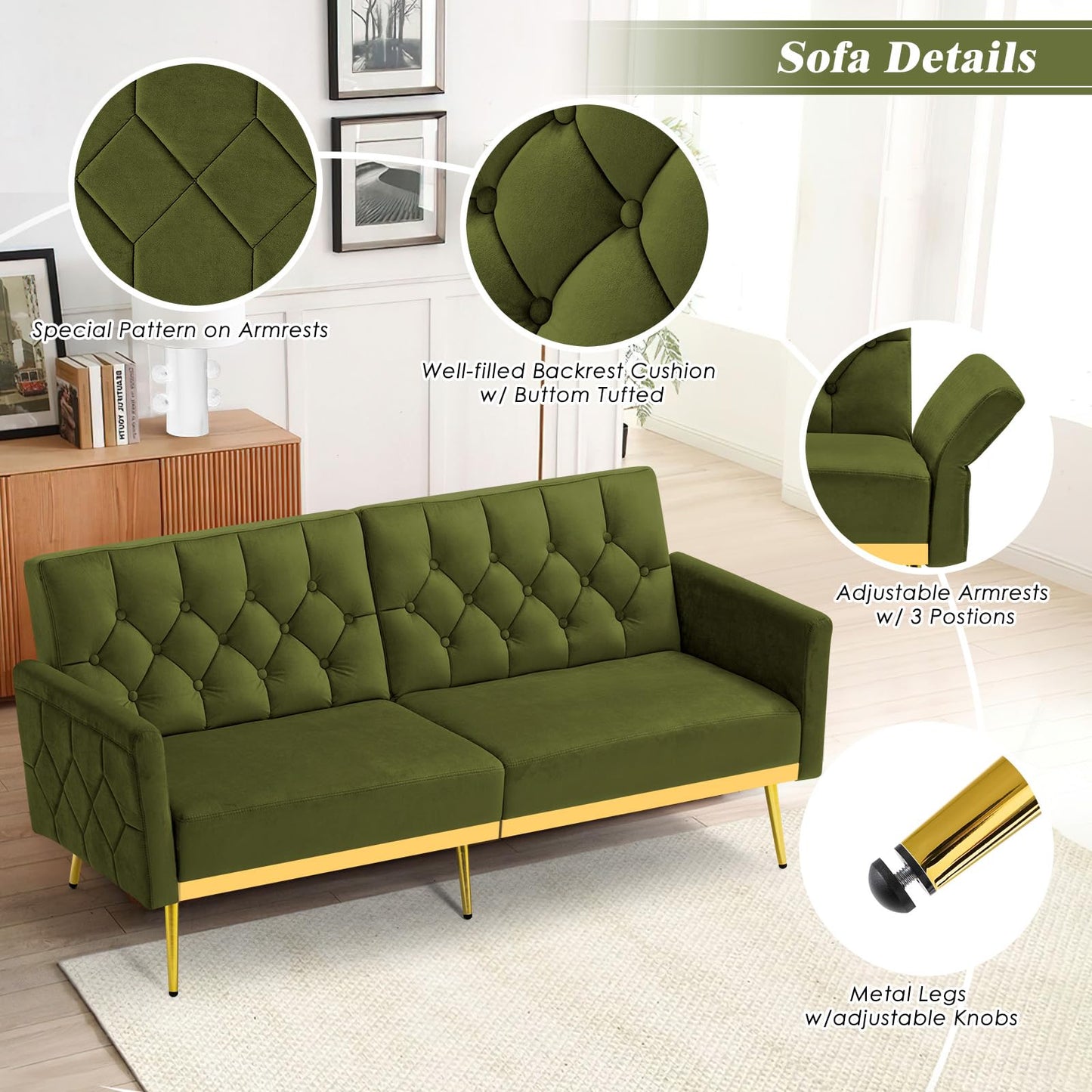 Velvet Sofa Bed w/Adjustable Armrests and Backrests, Modern Convertible Sleeper Sofa, Tufted Futon Sofa for Bedroom, Living Room, Apartment, Orange