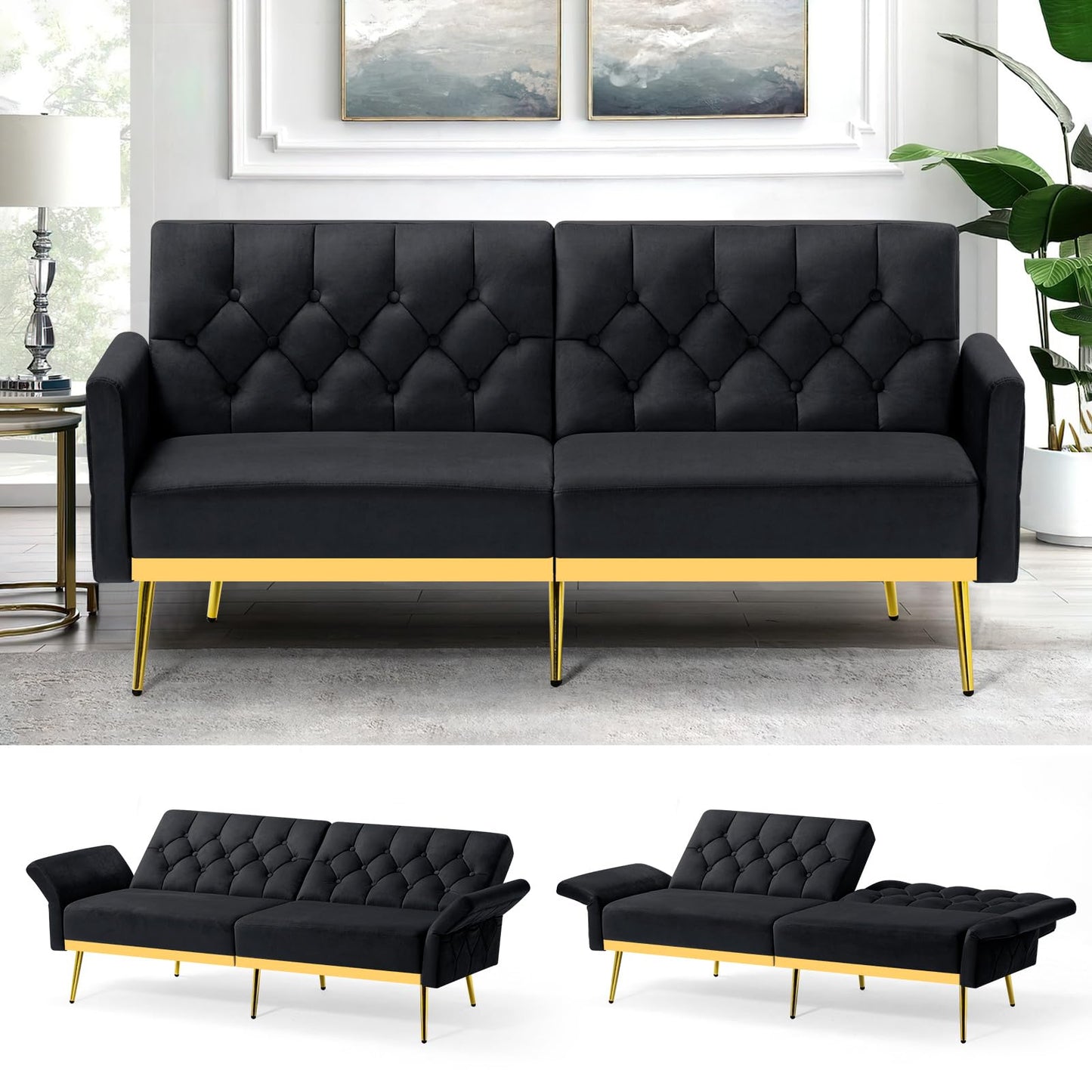 Velvet Sofa Bed w/Adjustable Armrests and Backrests, Modern Convertible Sleeper Sofa, Tufted Futon Sofa for Bedroom, Living Room, Apartment, Orange