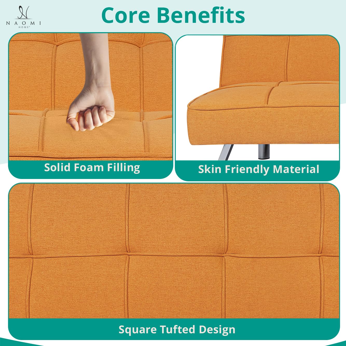 Naomi Home Madison Futon Sofa Bed, Tan Linen, 3-Position Convertible, Space-Saving, 66.14" W