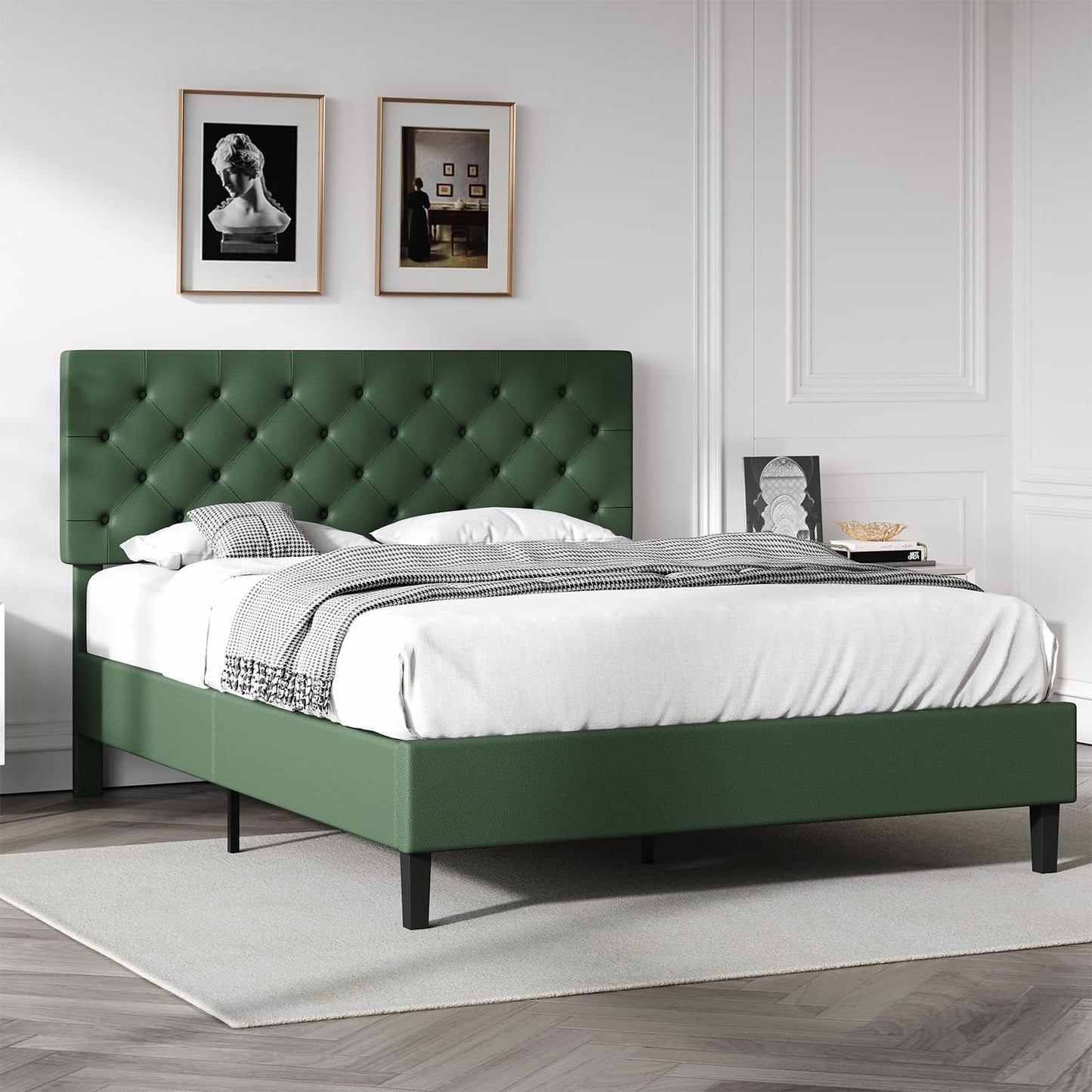 Queen Bed Frame with Headboard, Faux Leather Upholstered Platform Bed Frame, Blue Bed Frame Queen Size, Wooden Slat Support, No Box Spring Needed, Navy Blue