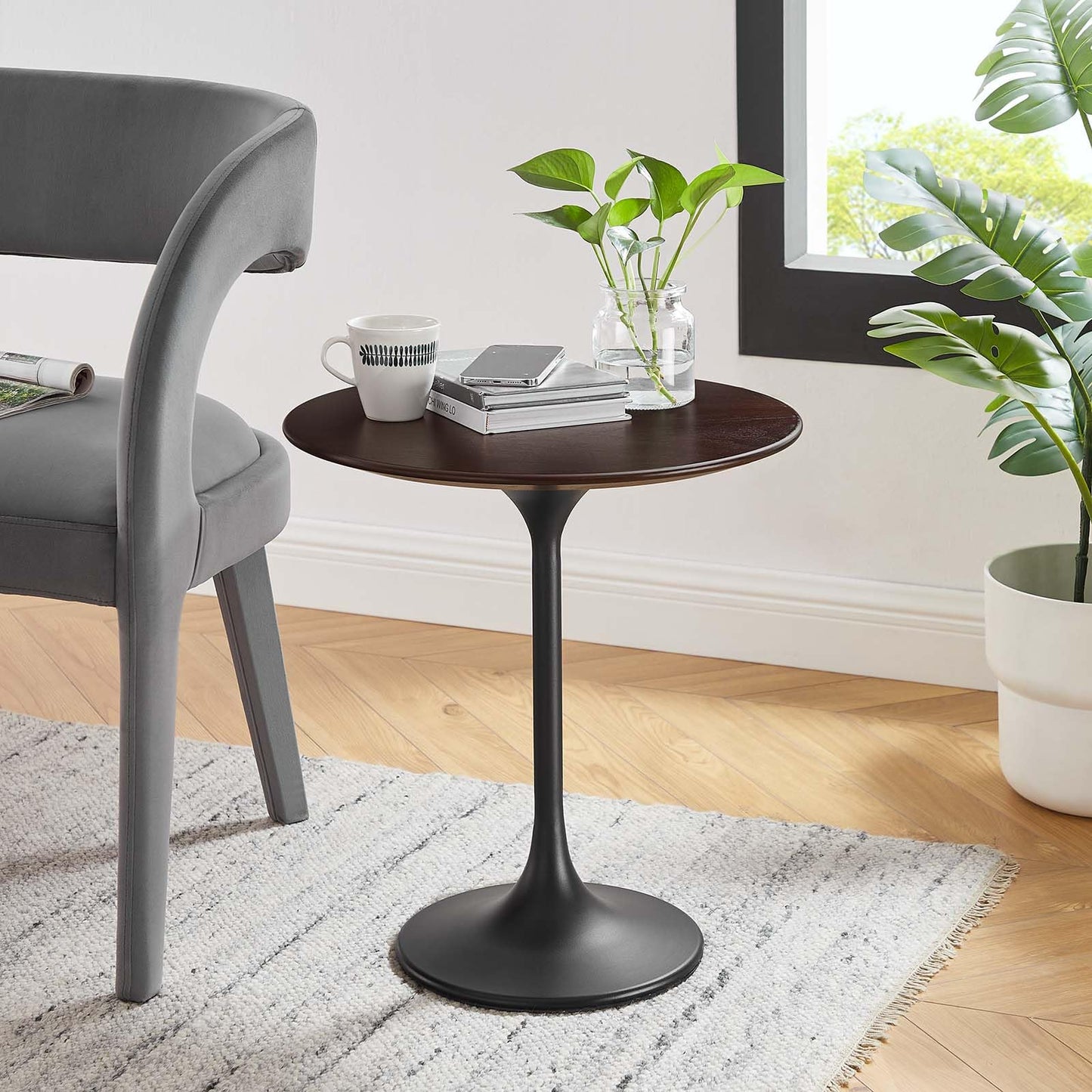 Modway Lippa Round 20" Wood Grain Mid-Century Modern Side Table, Black Cherry