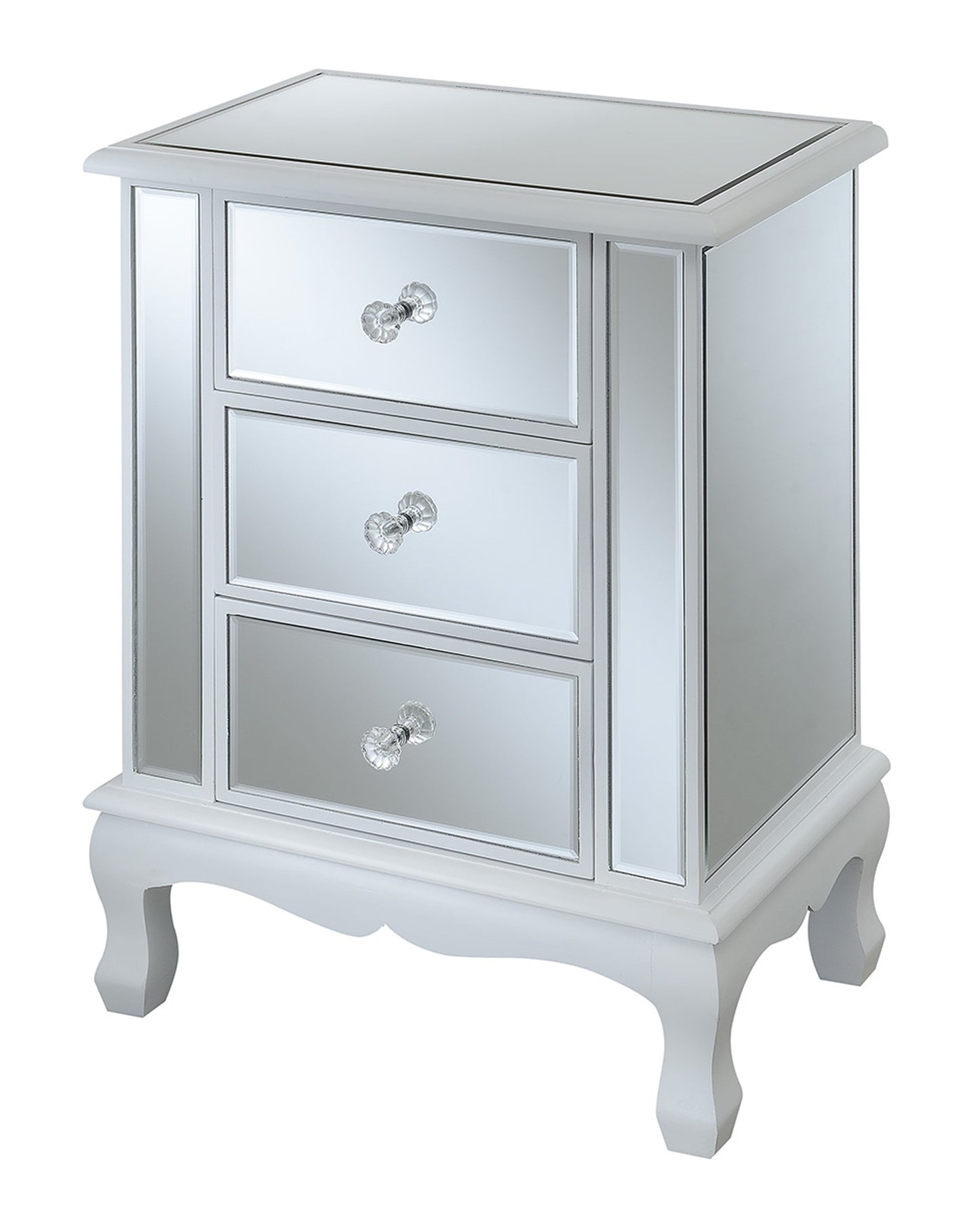 Convenience Concepts Gold Coast Vineyard Mirrored End Table 19" - Living Room Table with 3 Drawers for Storage, Nightstand Side Table, Weathered White/Mirror