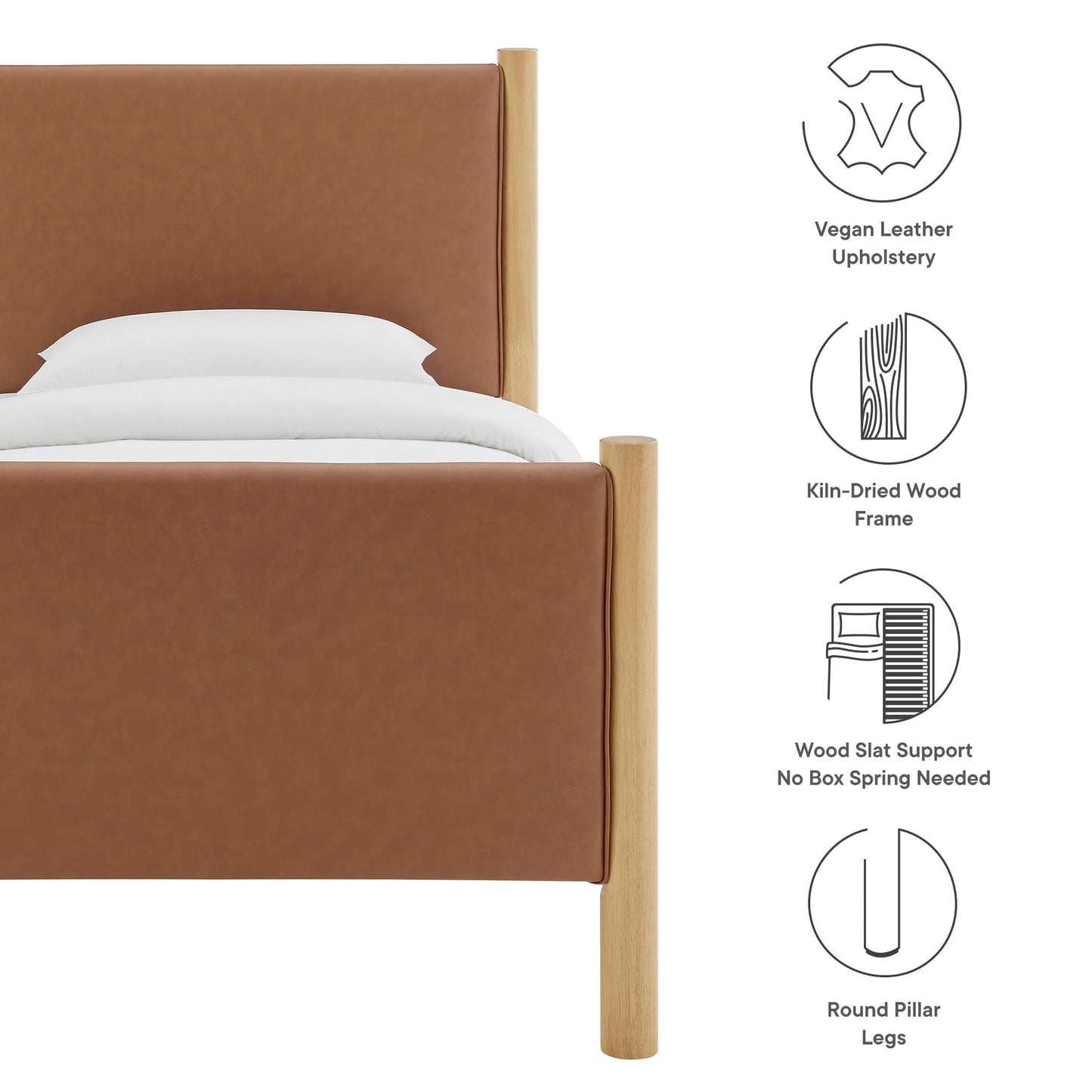 Modway Maven King Size Bed Frame in Tan Walnut with Faux Leather Upholstered Headboard and Footboard – Wood King Platform Bed Frame – No Box Spring Needed