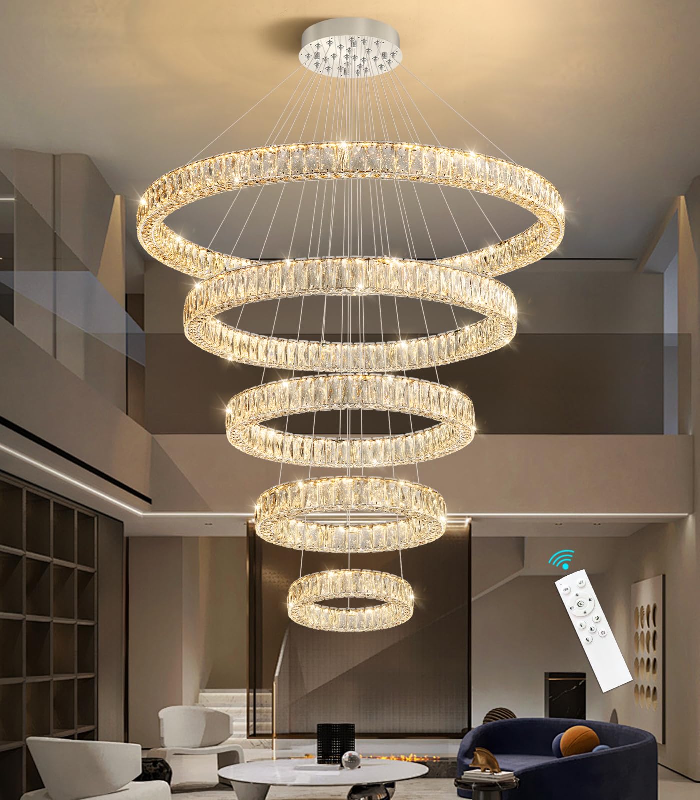 Modern Crystal Chandelier Dimmable LED Ring Pendant Lights Adjustable Glam Chandeliers Lighting Fixtures for Dining Room Living Room Bedroom Silver Light
