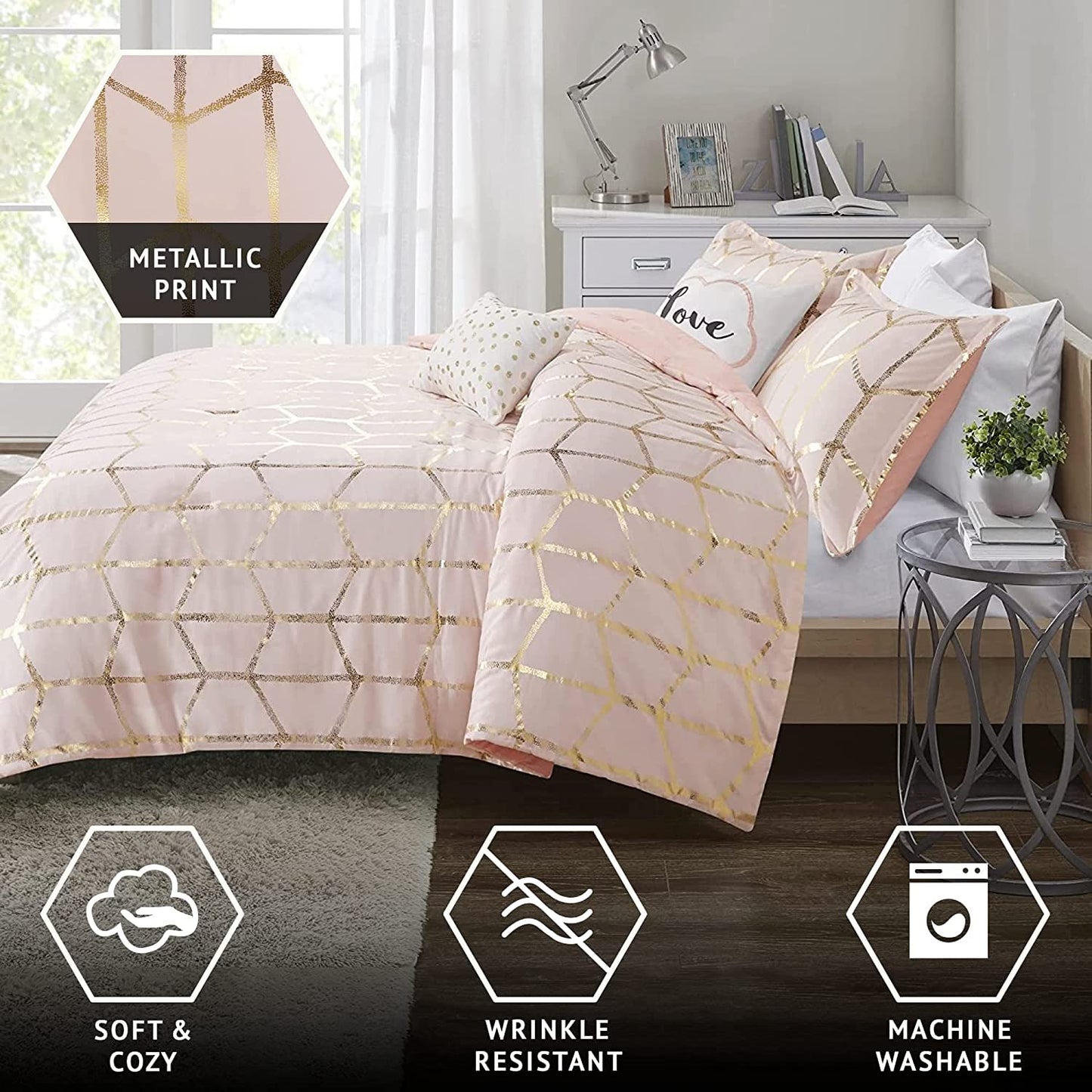 Intelligent Design, Soft Microfiber Comforter Modern Geometric Metallic Bed Set, Full/Queen, Grey/Silver