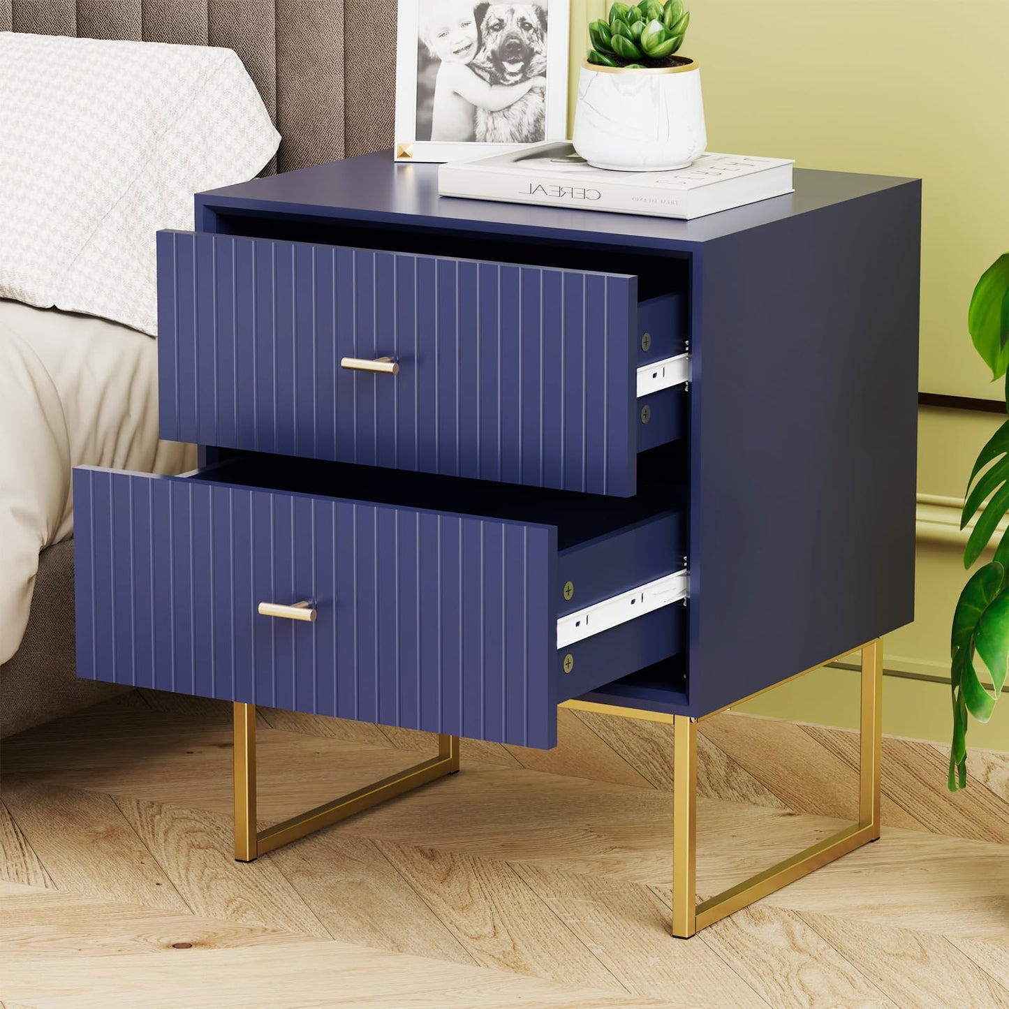 UEV Navy Blue Nightstand Set of 2,Modern Grooved Stripes Bed Side Table with 2 Drawers,Wood End Table with Golden Metal Handles and Pedestal Frame for Bedroom Living Room