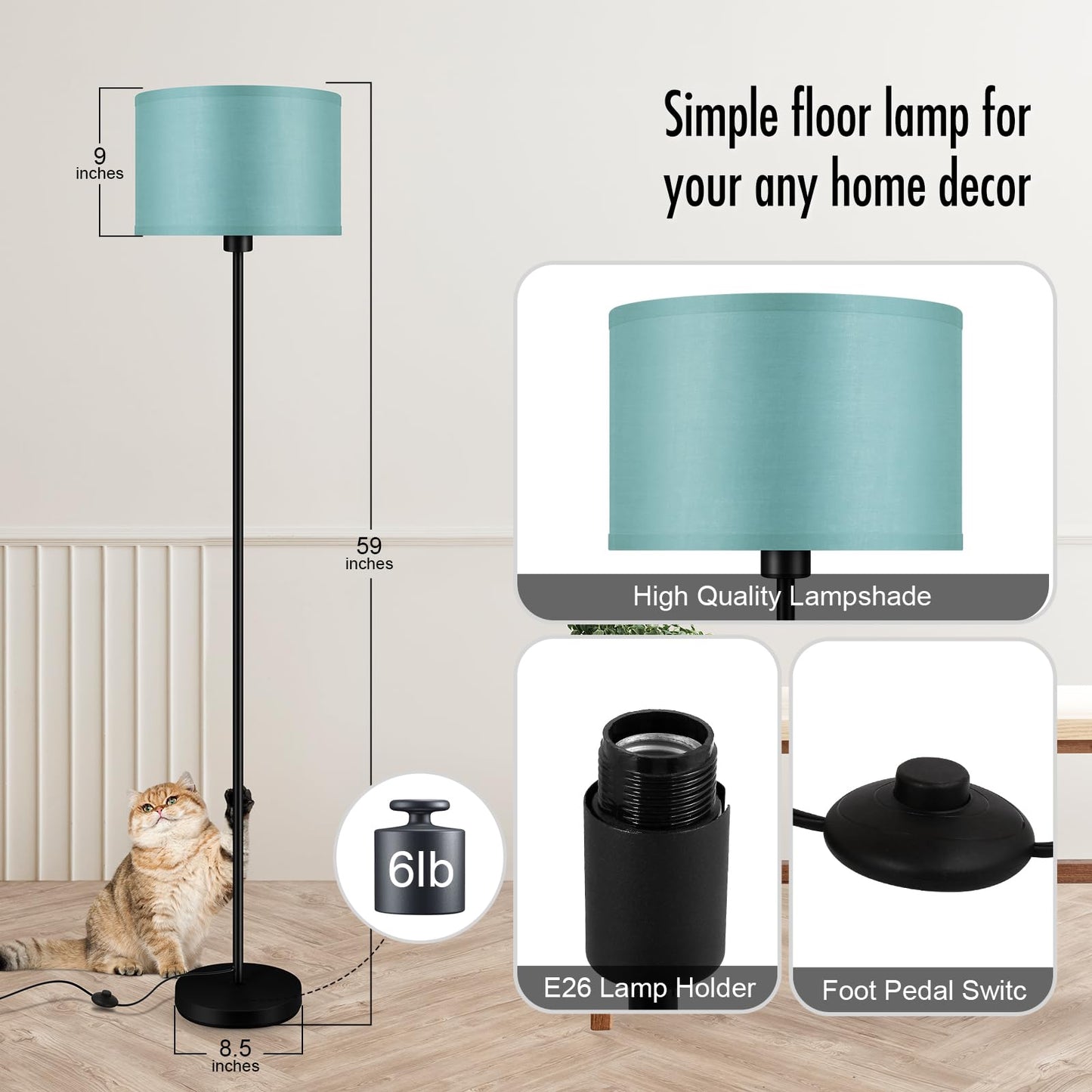 Floor Lamp Black, Standing Lamp, 58" Tall Lamps for Living Room, Simple Pole Lamp with Black Lampshade, On/Off Foot Pedal, Bright Dimming Light for Kids Room Bedroom Office Decor(Without Bulbs)