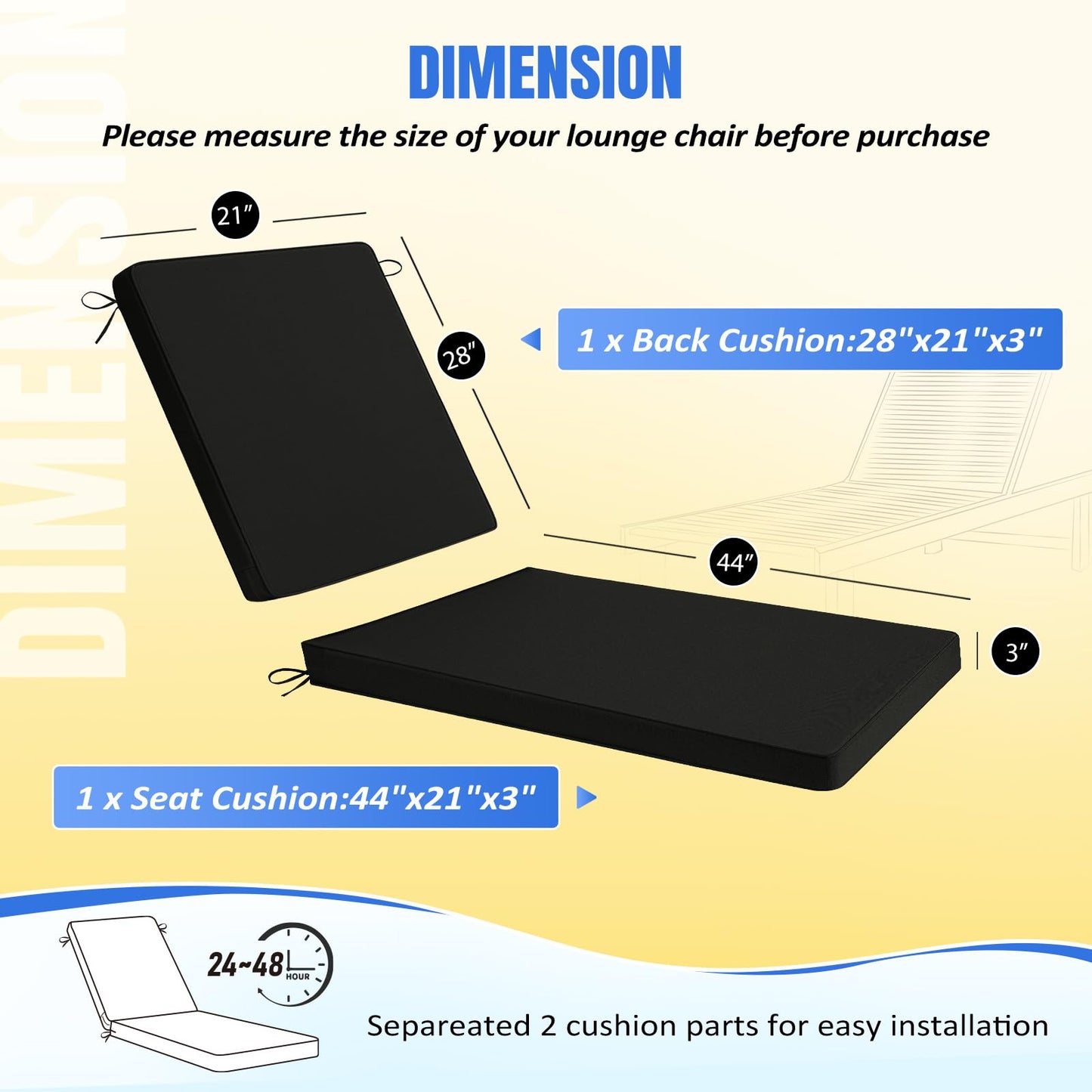 Basic Beyond Chaise Lounge Cushions Outdoor, 3-Layer Waterproof Outdoor Furniture Cushions with Removable Cover and 4 Ties, 72"x21"x3" Patio Lounge Chair Cushions for Outdoor Furniture, Yellow