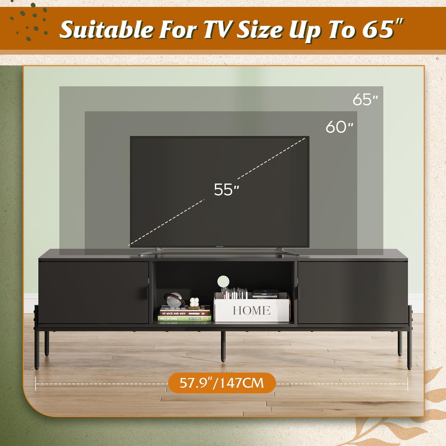 WLIVE Modern TV Stand for 65 Inch TV, Mid Century Entainment Center with Storage Cabinets, TV Console for Bedroom and Living Room, TV Cabinet with Metal Legs, White