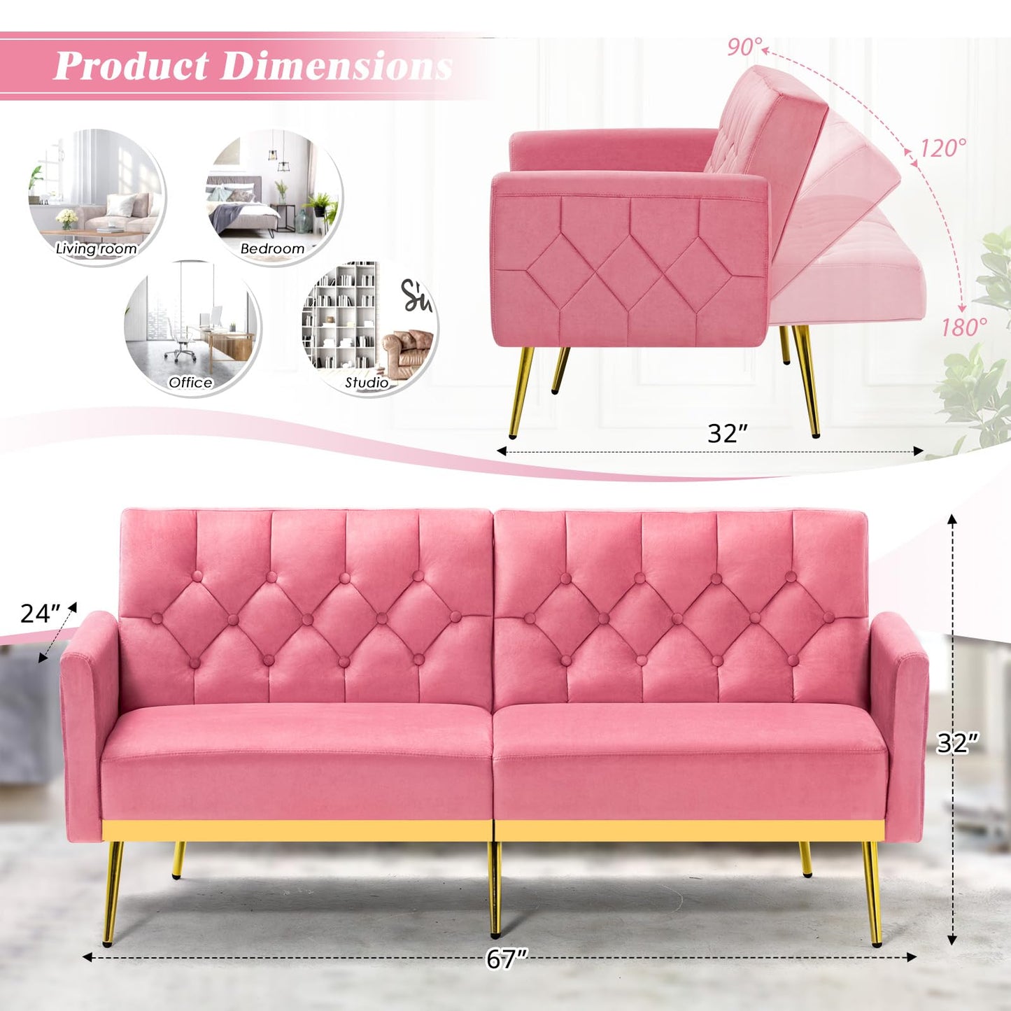 Velvet Sofa Bed w/Adjustable Armrests and Backrests, Modern Convertible Sleeper Sofa, Tufted Futon Sofa for Bedroom, Living Room, Apartment, Orange