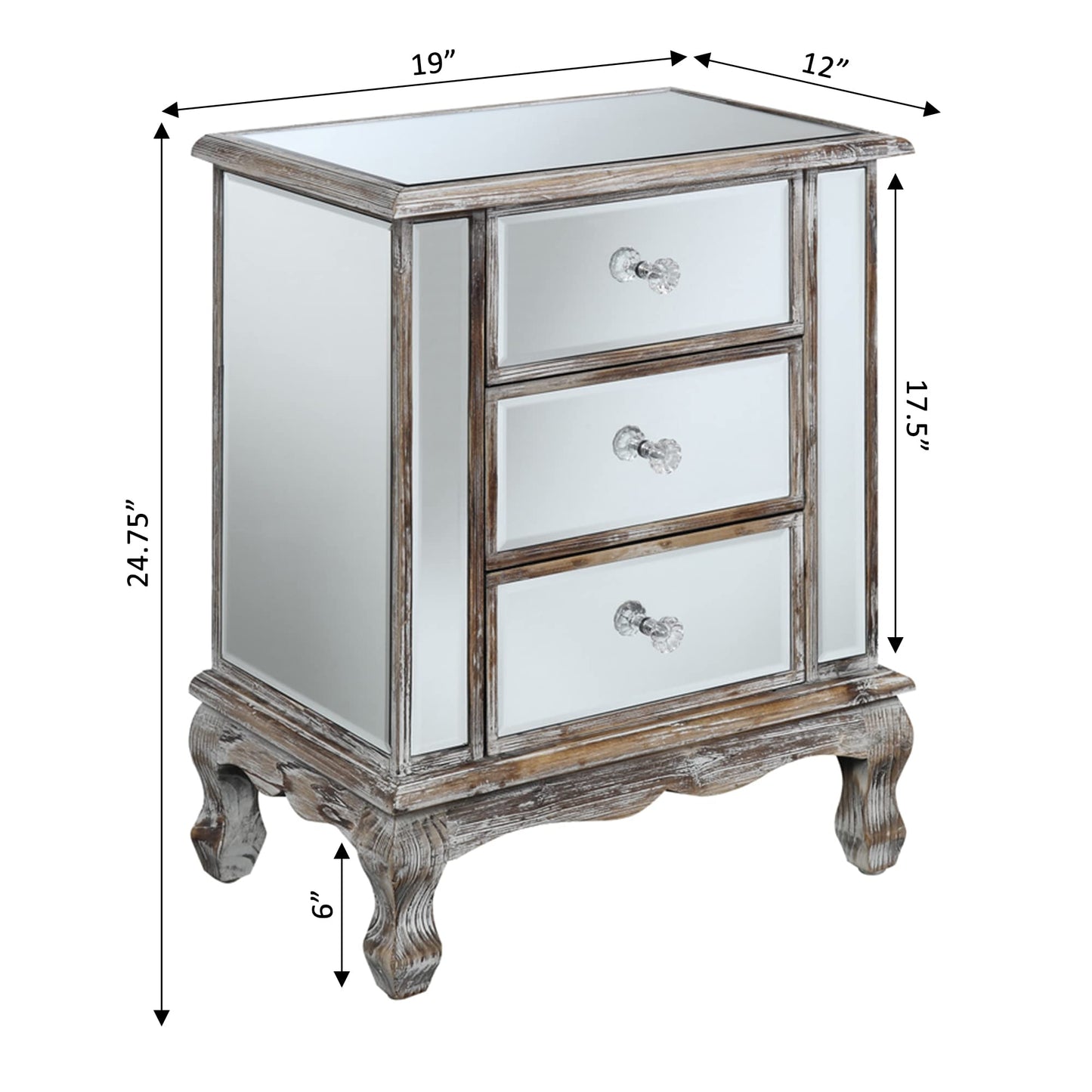 Convenience Concepts Gold Coast Vineyard Mirrored End Table 19" - Living Room Table with 3 Drawers for Storage, Nightstand Side Table, Weathered White/Mirror