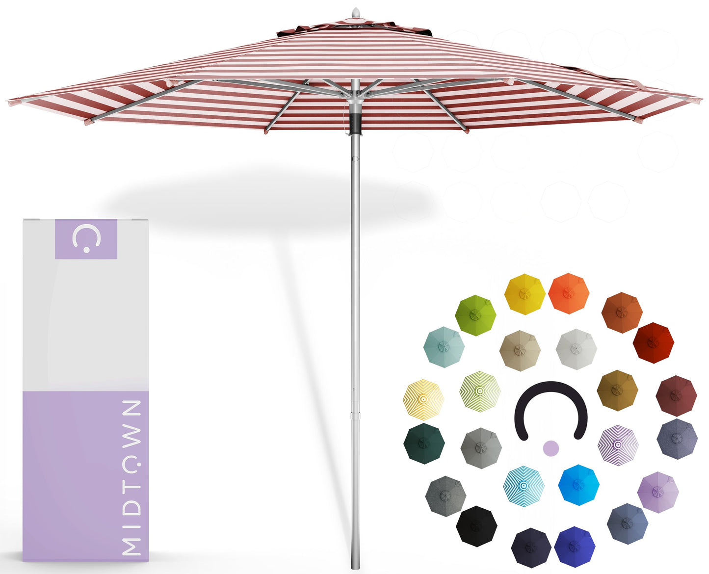 Midtown Umbrellas Push and Pop 9 Feet Outdoor Umbrella With Terylast Black/White Stripes Polyester Fabric - Fiberglass Ribs Deck Patio, Backyard, Garden & Pool - Silver Pole