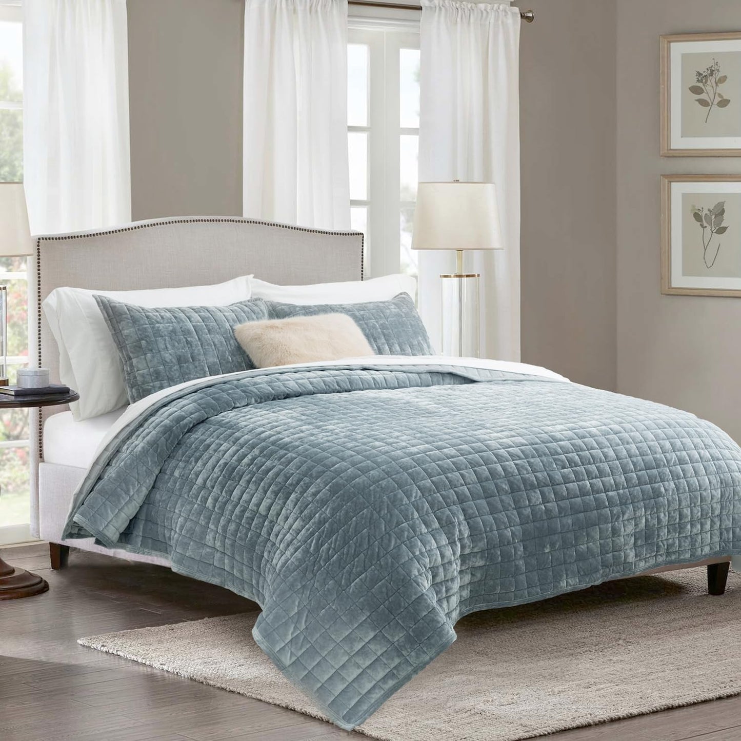 RECYCO Luxury Velvet Quilt Set King Size, Lightweight Velvet Comforter Set, Oversized Bedspread Coverlet Quilted Bedding Set, with 2 Matching Pillow Shams, for All Season, Navy Blue