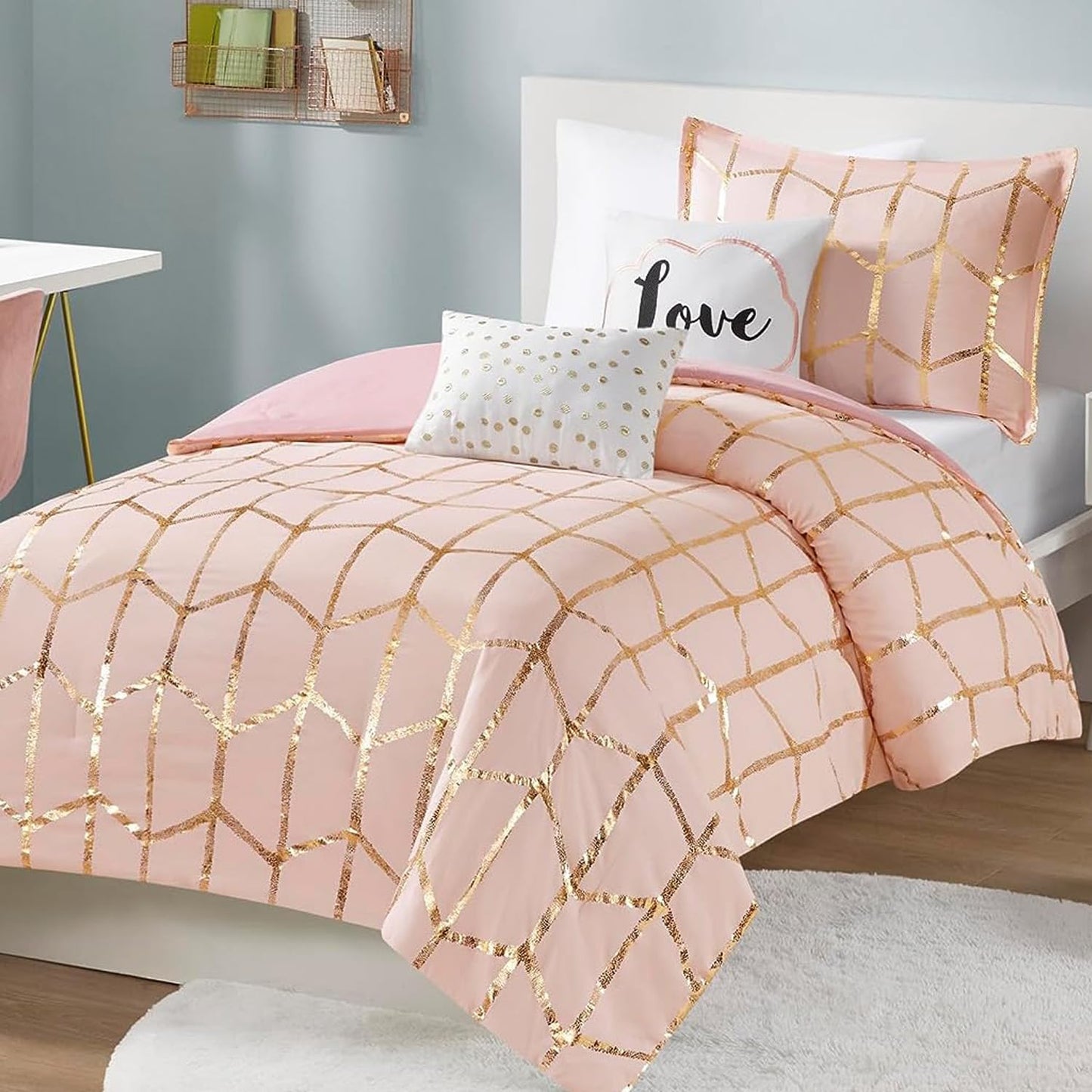 Intelligent Design, Soft Microfiber Comforter Modern Geometric Metallic Bed Set, Full/Queen, Grey/Silver