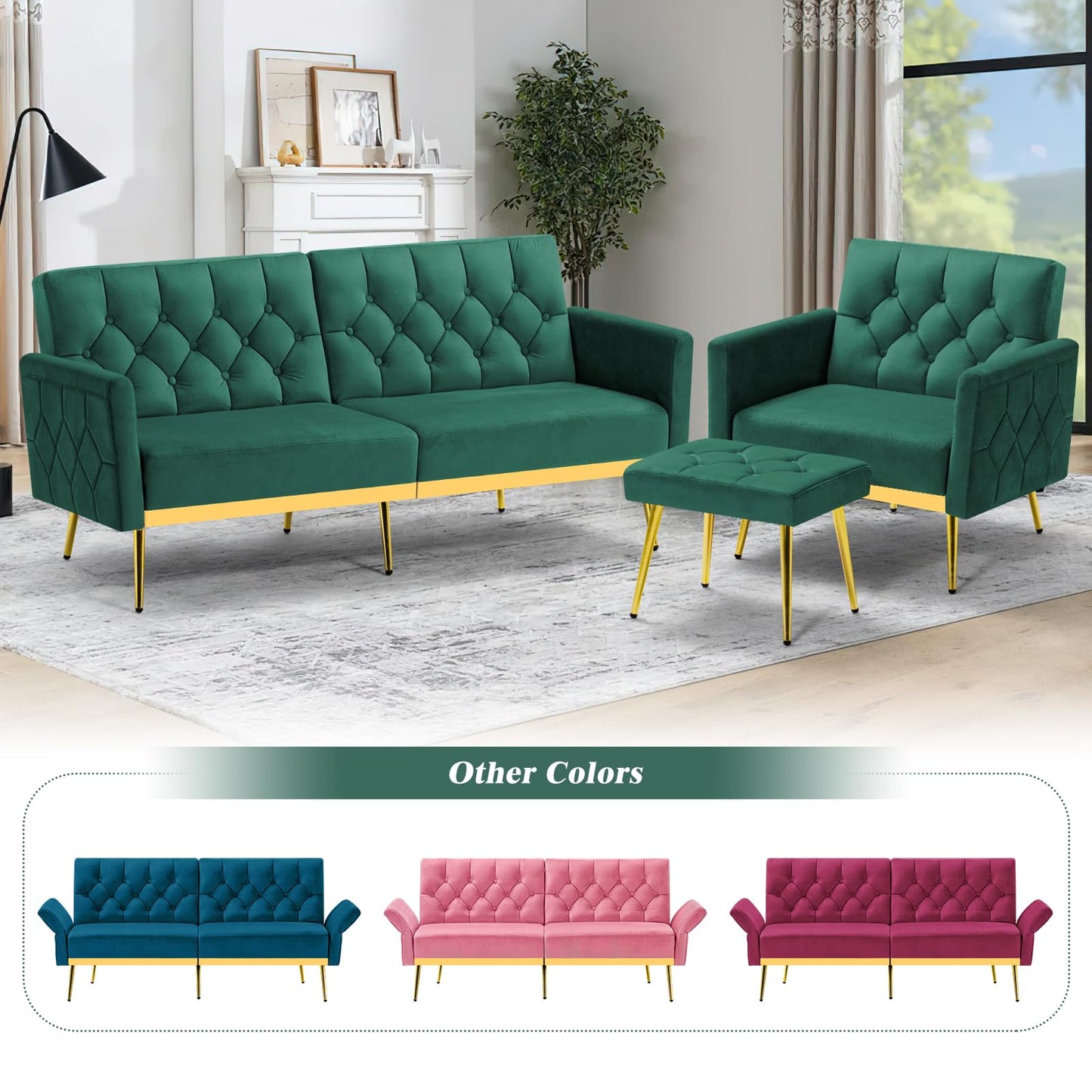 Velvet Sofa Bed w/Adjustable Armrests and Backrests, Modern Convertible Sleeper Sofa, Tufted Futon Sofa for Bedroom, Living Room, Apartment, Orange