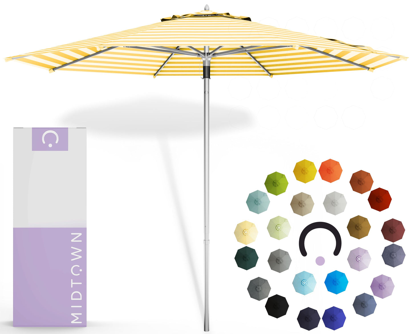 Midtown Umbrellas Push and Pop 9 Feet Outdoor Umbrella With Terylast Black/White Stripes Polyester Fabric - Fiberglass Ribs Deck Patio, Backyard, Garden & Pool - Silver Pole