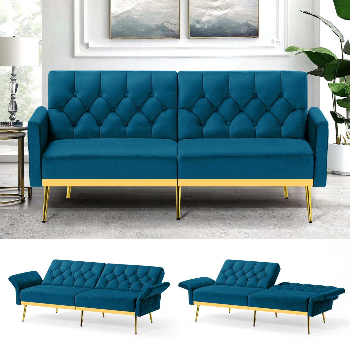 Velvet Sofa Bed w/Adjustable Armrests and Backrests, Modern Convertible Sleeper Sofa, Tufted Futon Sofa for Bedroom, Living Room, Apartment, Orange