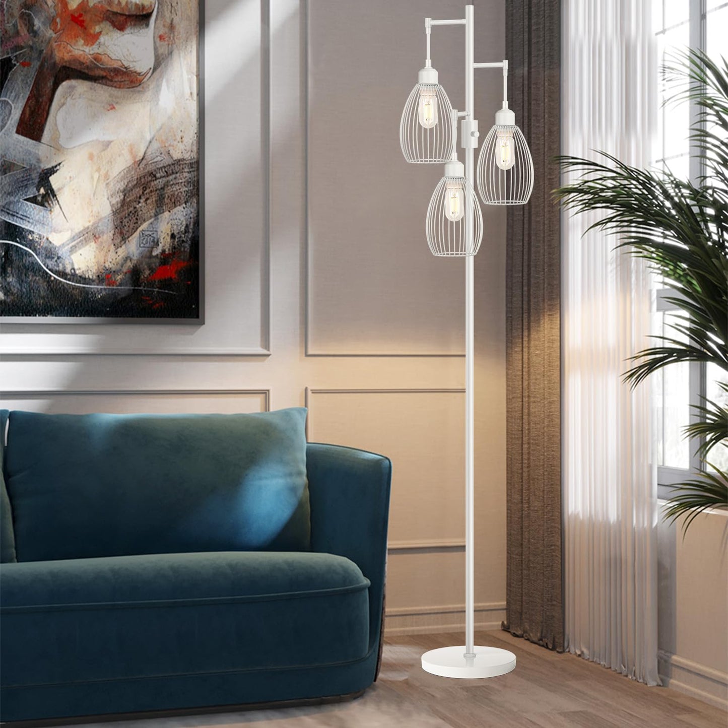 Dimmable Floor Lamp, 3 x 800LM LED Edison Bulbs Included, Farmhouse Industrial Floor Lamp Standing Tree Lamp with Elegant Teardrop Cage Tall Lamps for Living Room Bedroom Office Dining Room-Black