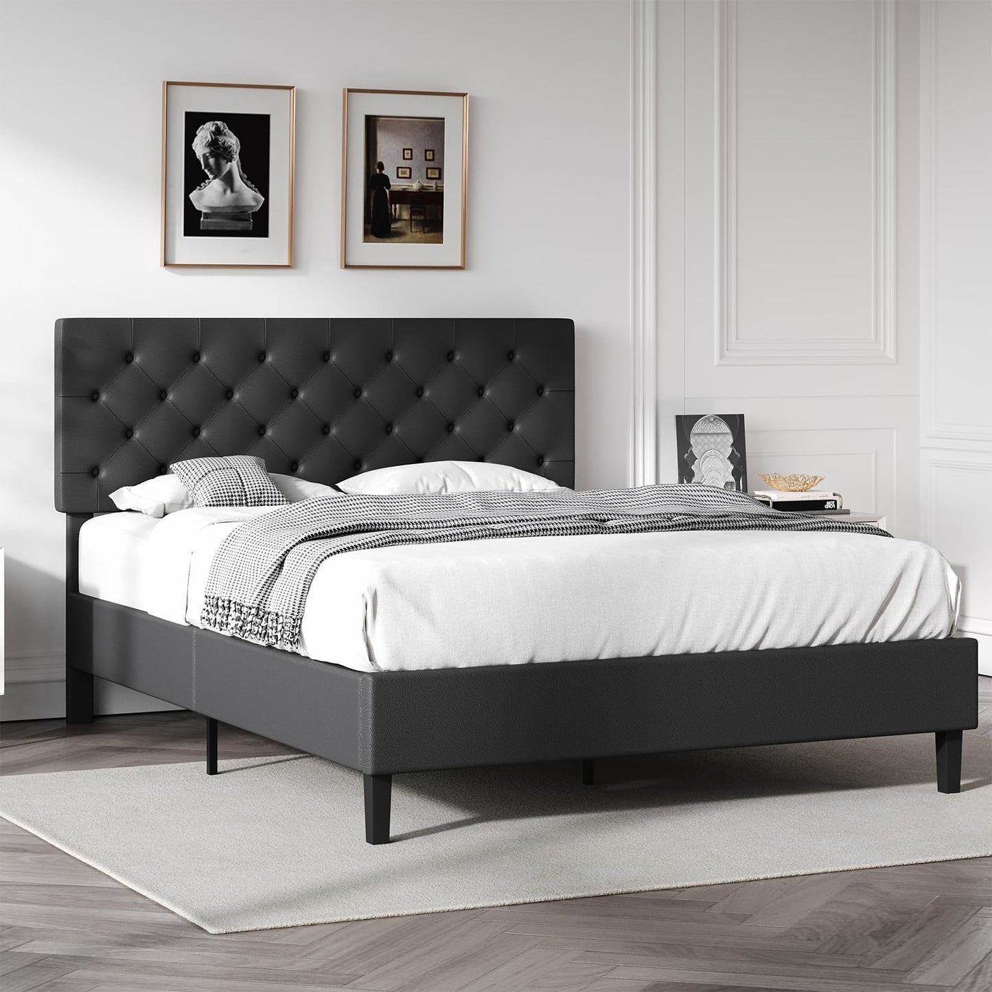 Queen Bed Frame with Headboard, Faux Leather Upholstered Platform Bed Frame, Blue Bed Frame Queen Size, Wooden Slat Support, No Box Spring Needed, Navy Blue