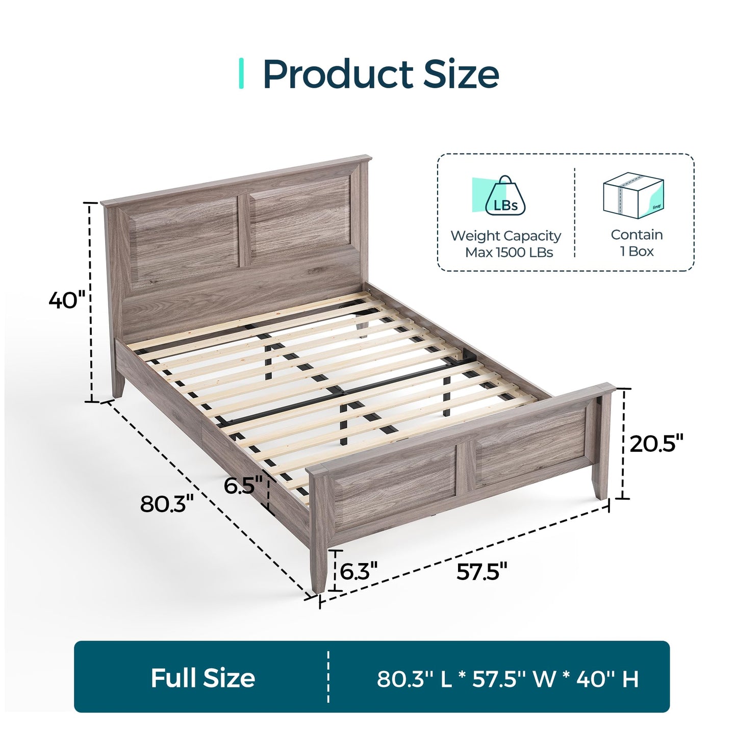LINSY Wood Full Size Bed Frame with High Headboard, Farmhouse Bed Frame Full, Wood Bed Noise-Free, No Box Spring Needed - Grey