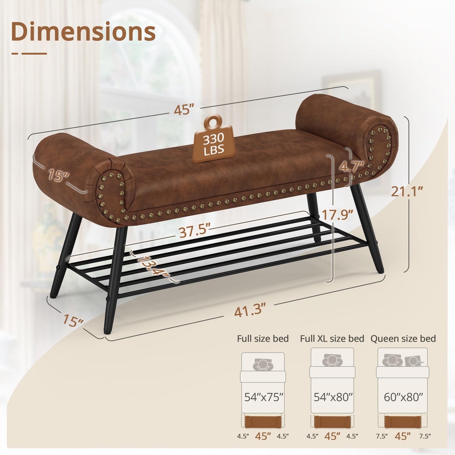 LUE BONA 45.3" End of Bed Bench, Modern Bedroom Leather Upholstered Shoe Benches, Ottoman with Stable Metal Frame and Solid Shelf for Bedroom, entryway, Living Room,Foyer, 330LB, Brown