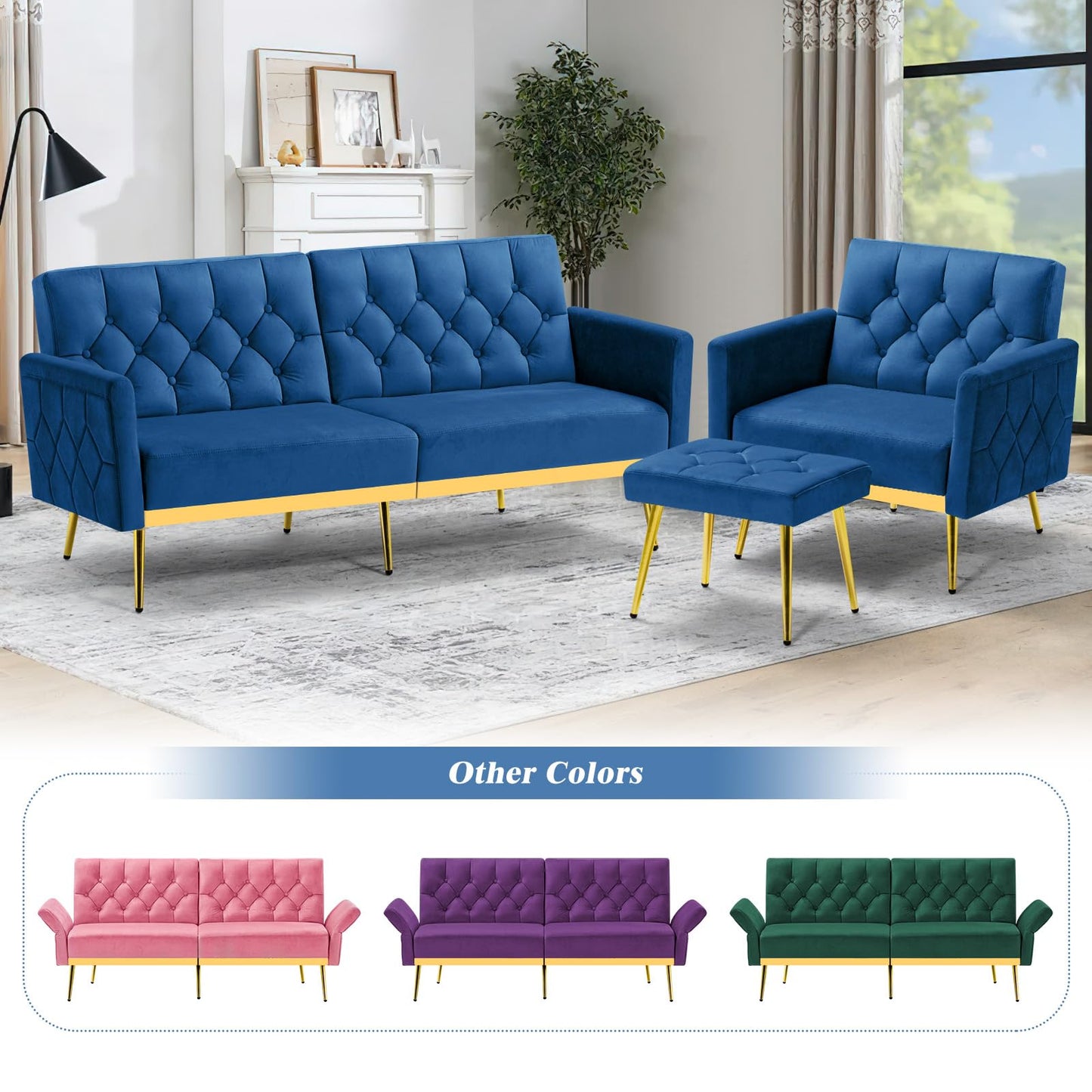 Velvet Sofa Bed w/Adjustable Armrests and Backrests, Modern Convertible Sleeper Sofa, Tufted Futon Sofa for Bedroom, Living Room, Apartment, Orange